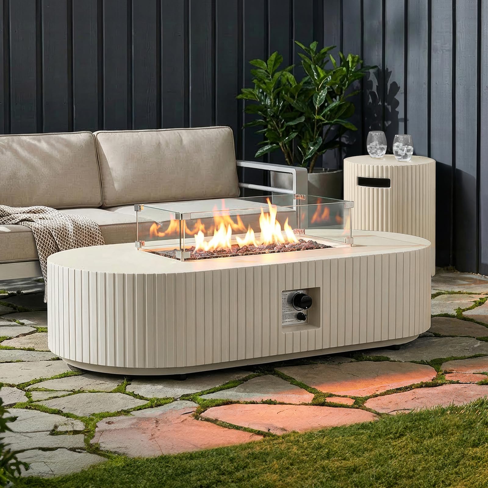 60" Oval Propane/Gas Outdoor Fire Pit Table with Tank Cover &amp; Wind Guard