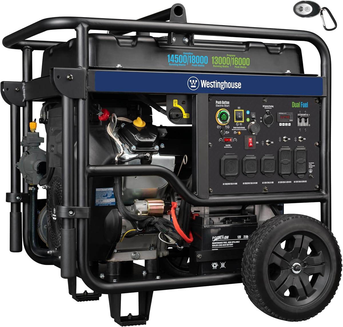 Westinghouse Generador portátil de respaldo para el hogar de combustible dual de 18000 vatios pico, arranque eléctrico remoto, listo para interruptor de transferencia, alimentado por gas y propano