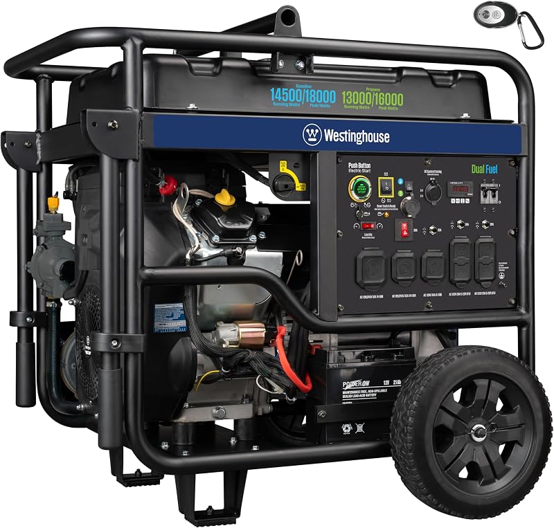 Westinghouse Generador portátil de respaldo para el hogar de combustible dual de 18000 vatios pico, arranque eléctrico remoto, listo para interruptor de transferencia, alimentado por gas y propano