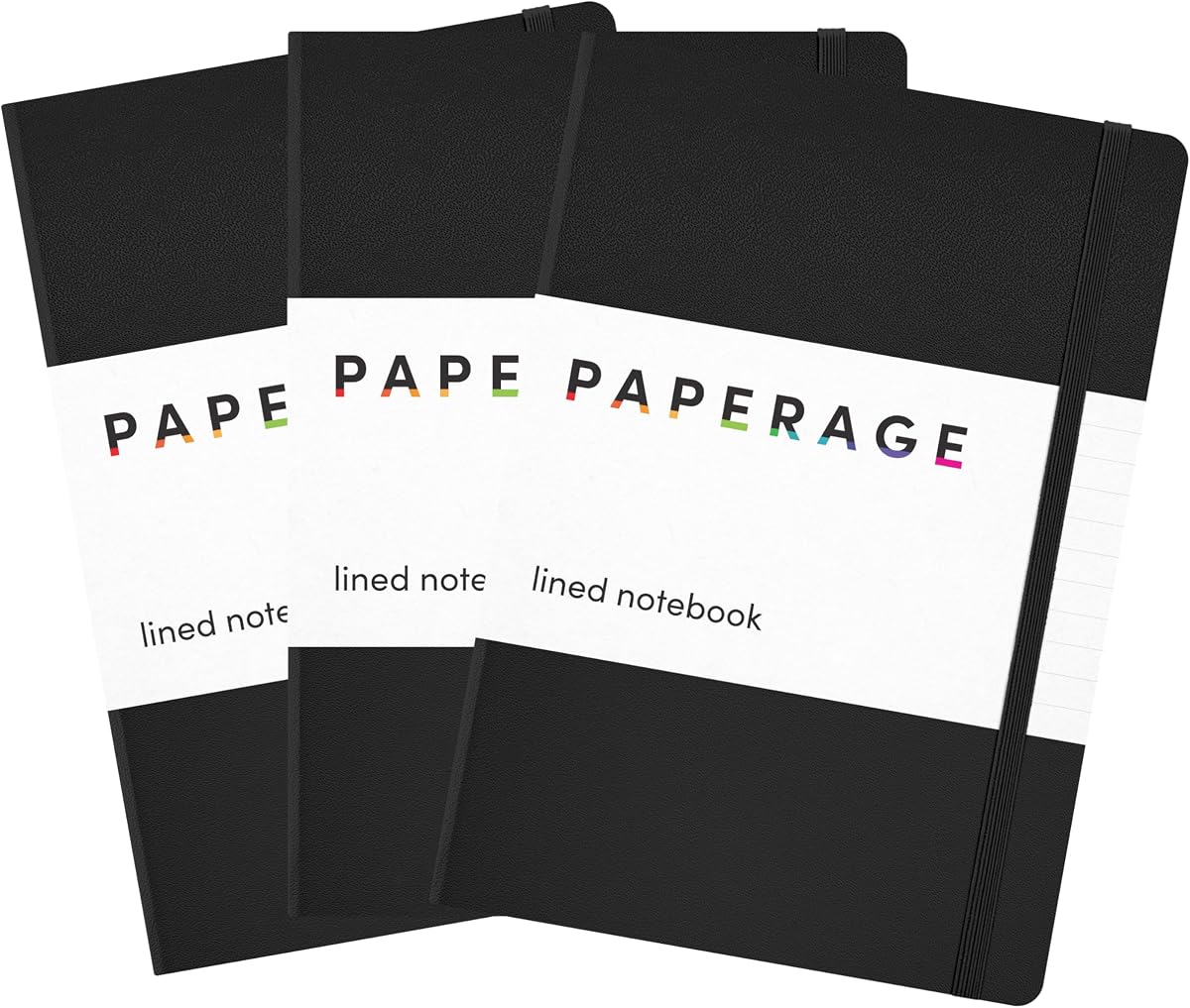 PAPERAGE Cuaderno forrado, paquete de 3, (negro), 160 páginas, mediano 5,6 x 8 pulgadas – Papel grueso de 100 GSM – Cuaderno de tapa dura para el trabajo, la escuela y la toma de notas