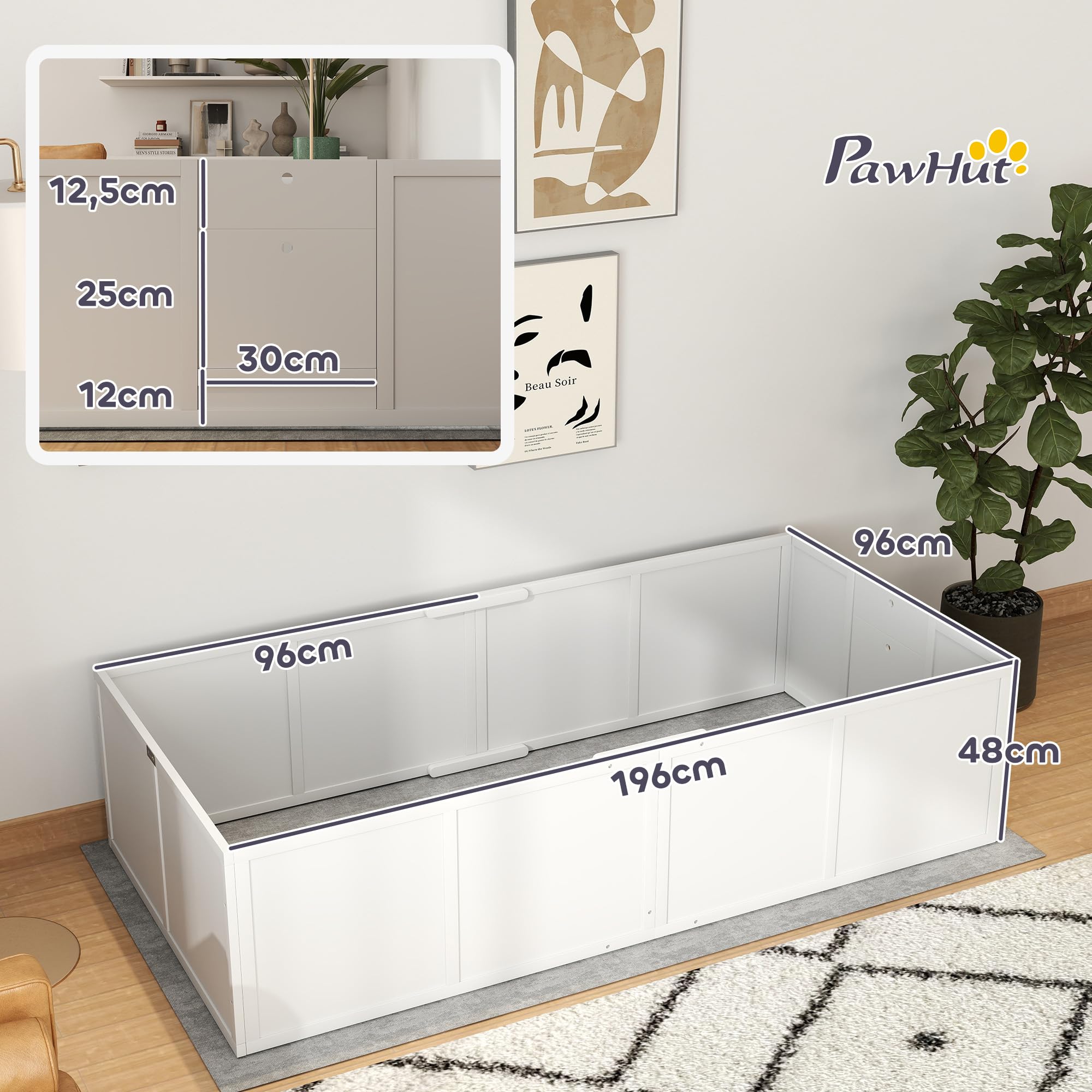 PawHut Wurfkiste für Welpen rutschfest für Große Hunde 196x96x48 cm Weiß | Wurfbox Welpenlaufstall, mit Verstellbarer Tür, Hundelaufstall Welpenauslauf