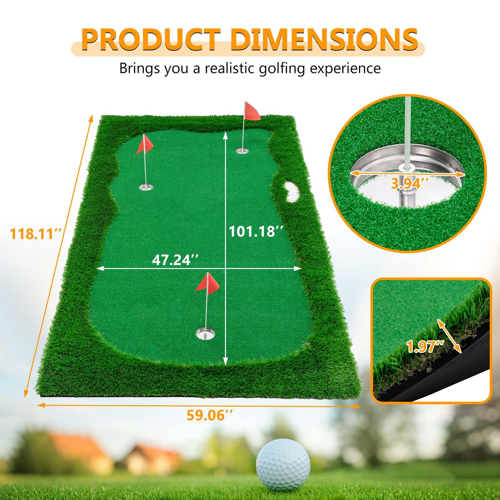 10x5 FT Golf Putting Green, Large Golf Practice Mat w/3 Holes, 3 Flags, Training Aid Cups, Realistic Feel Turf, Professional Training Mat for Indoor Outdoor Home (10x5 FT)