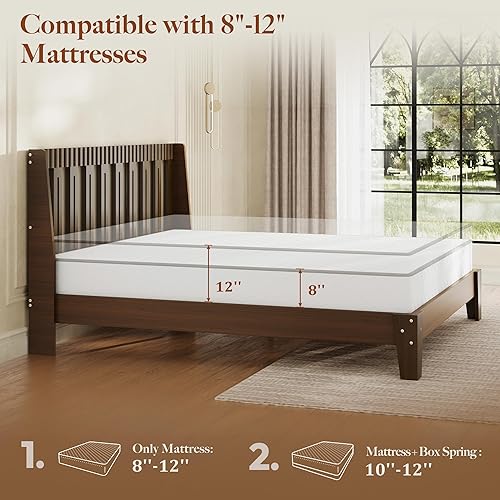 Miniatura 5 de Base de cama de madera tamaño Queen, cabecero alto acanalado con alas curvas, marco de cama de plataforma moderna de mediados de siglo con soporte