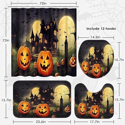 Miniatura 11 de Juego de cortinas de ducha de Halloween con tapa de inodoro y alfombras antideslizantes, 4 cortinas de ducha para baño, decoración simple de baño