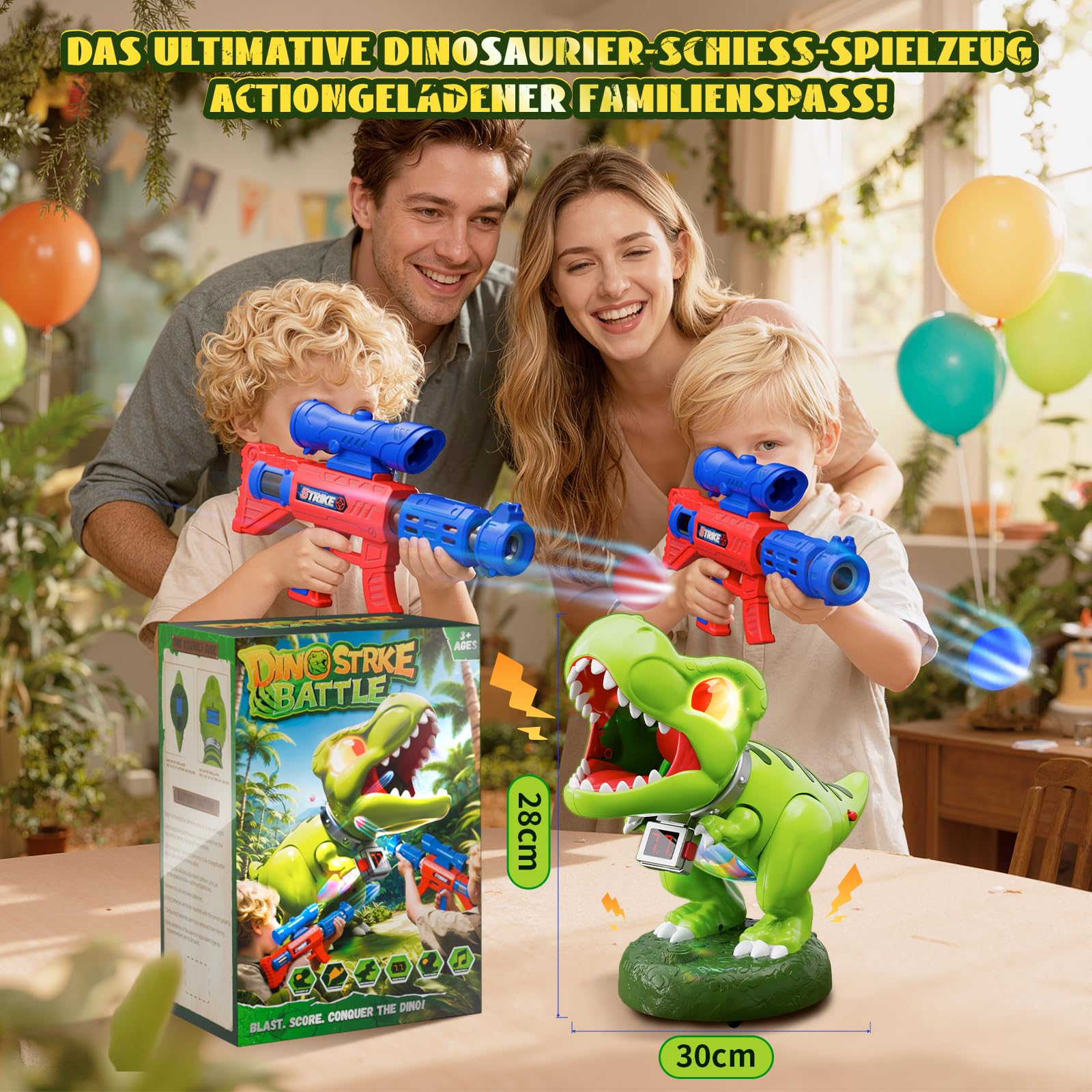 Dinosaurier Schieß Spielzeug Kinder- Bewegliches Realistisches ! kinder Partyspiele ab 3-10 Jahre Jungen, 2 Luftpumpenpistolen, LED, Schaumball, Zähler, Brüllen, Geschenk Junge 4 5 6 7 8 9 10 11 Jahre