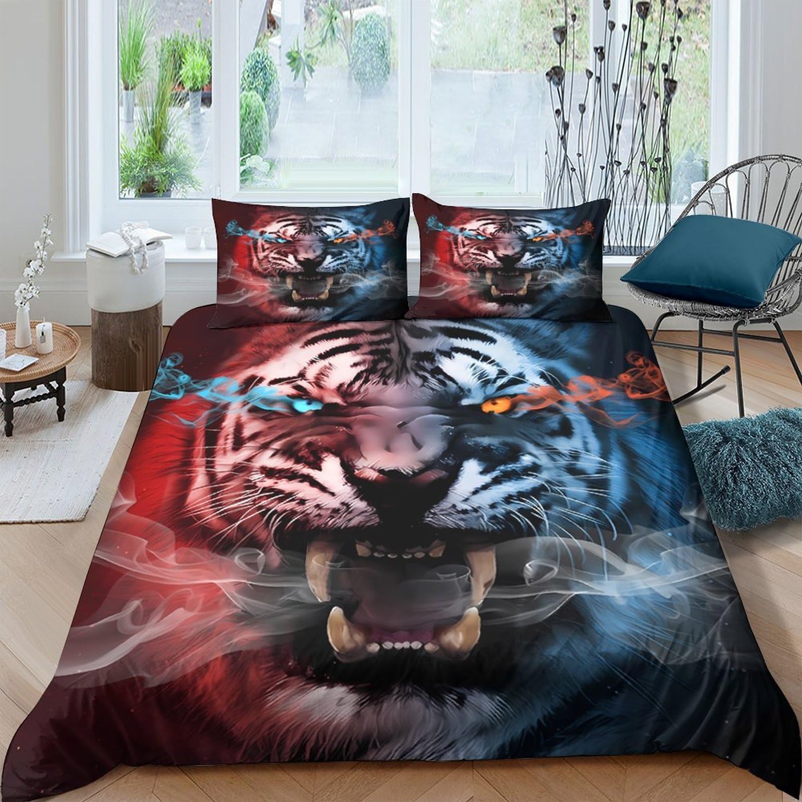 GPLZQXKJNH 3D Printed Tiger Fire Ice Duvet Cover Microfiber Soft Breathable Animal Bedding Set with 2 Pillowcases for Bedroom Decor Single（135x200cm）