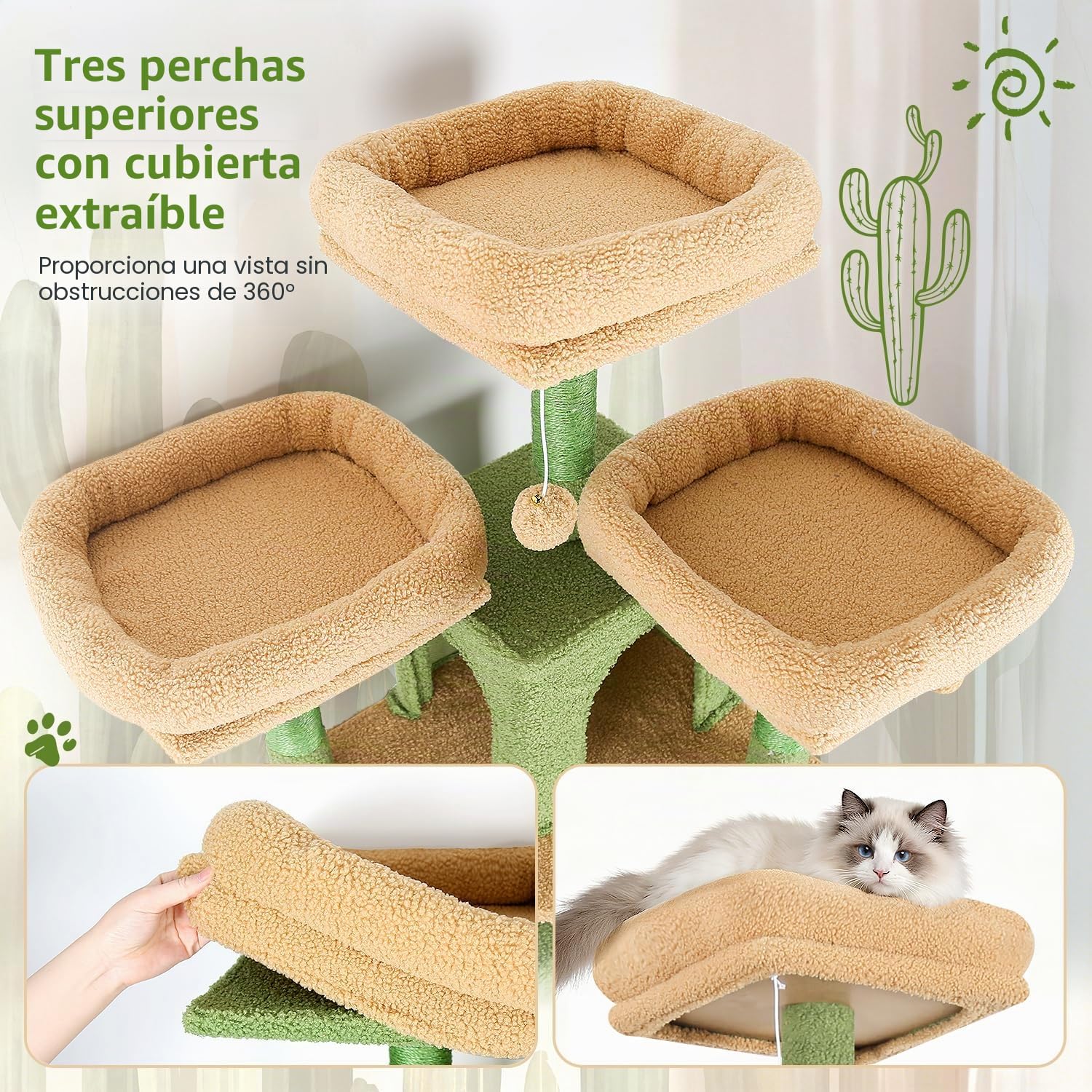 Globlazer Rascador para Gatos Verde Cactus XXL 209 cm con 3 Perchas Acolchadas, 2 Nidos, 2 Cesta, Grande Plataformas, Juguetes de Peluche, Lujo Árbol Rascador para 3-5 Gatos Interior (F82, Verde)