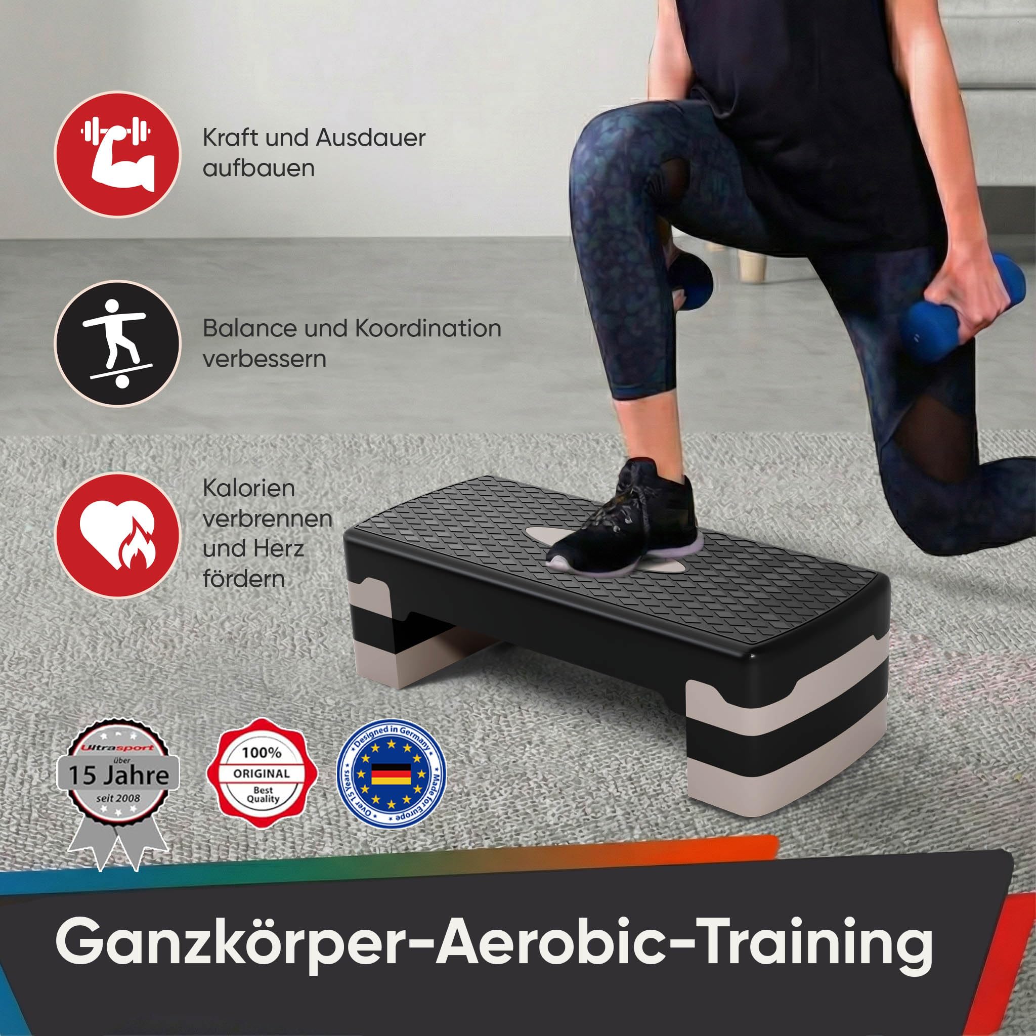Ultrasport Aerobic Steppbrett I Step Up Board Rutschfest, 3-fach Höhenverstellbar I Fitness Stepper für Zuhause, Stepboard, Stepbench Brett 68 x 28 cm, Grau
