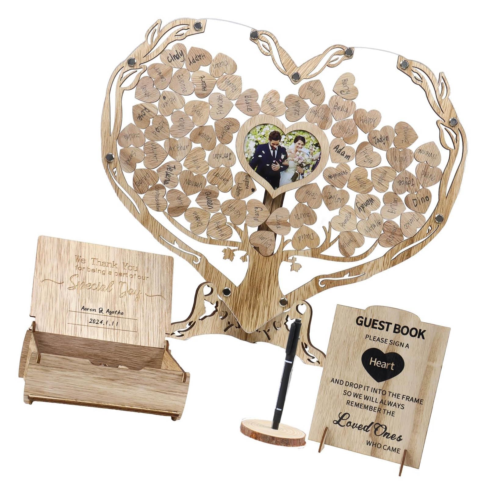 Limtula Wooden Guest Book with 80 Engraved Hearts and Heart Picture Frame Wedding Souvenir Accessories Unique Wedding Guestbook