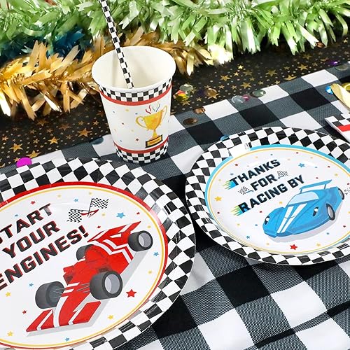 Miniatura 4 de Recheel Suministros para fiestas de coche de carreras, juego de platos y servilletas de papel con temática de carreras a cuadros para cumpleaños con