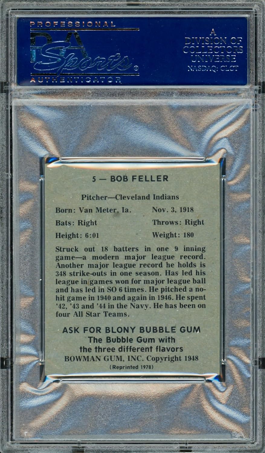Bob Feller Autographed 1978 Reprint 1948 Bowman Baseball Card #5 PSA/DNA #83527291