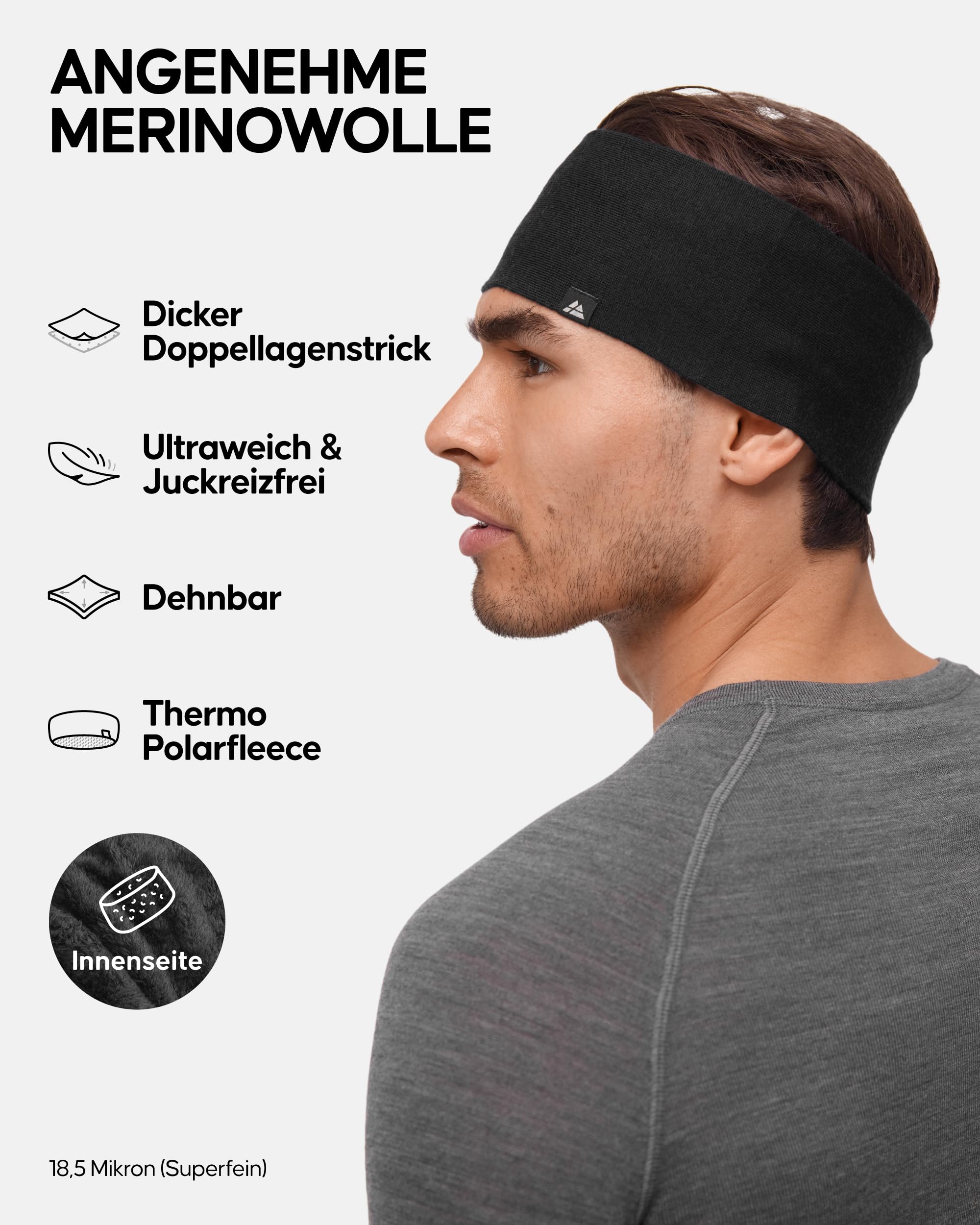 DANISH ENDURANCE Merino Fleece Stirnband, Thermo Headband, Winter Ohrenwärmer, Unisex, für Damen & Herren, Schwarz, L/XL