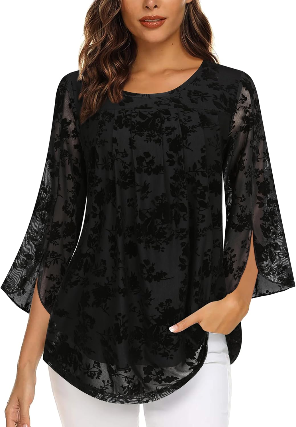 Viracy Womens Dressy Tops Crewneck 3/4 Sleeve Tunic Tops Pleated Front Double Layers Elastic Mesh Casual Flowy Work Shirts - Image 2