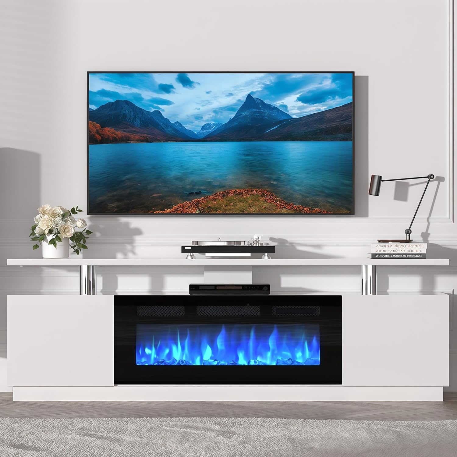 70in Fireplace TV Stand Fits TVs Up to 80'', Modern Entertainment Center with 36in Electric Fireplace Heater, Media Console with 12 Colors LED Lights 2 Storage Cabinets for Living Room Bedroom, Black