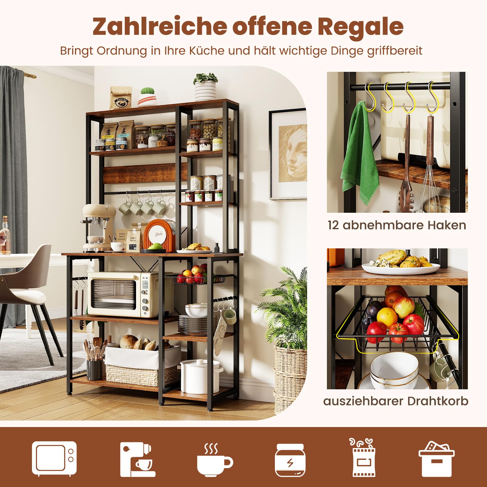 COSTWAY 6-stopniowy regał kuchenny z gniazdkiem, regał stojący, regał do kuchenki mikrofalowej z hakami w kształcie litery S, kosz druciany i metalowy stelaż, regał na urządzenia, garnki i przyprawy