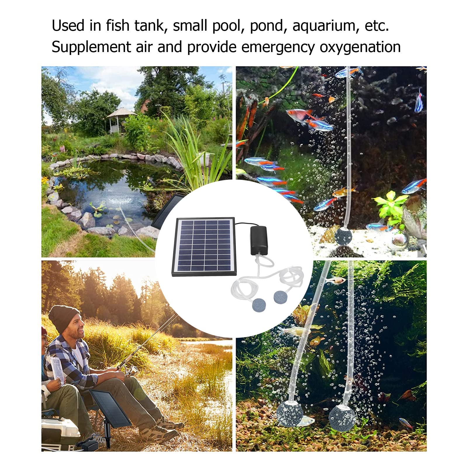 Cocoarm Solar-Teichpumpe, Verstellbares Solarpanel-Luftpumpen-Set, 10 V, 6 W DC, Mikro-Solar-Brunnenpumpe mit 180-Grad-Panel-Blasenstein für Fischteich, Tank, Stromausfall, Angeln