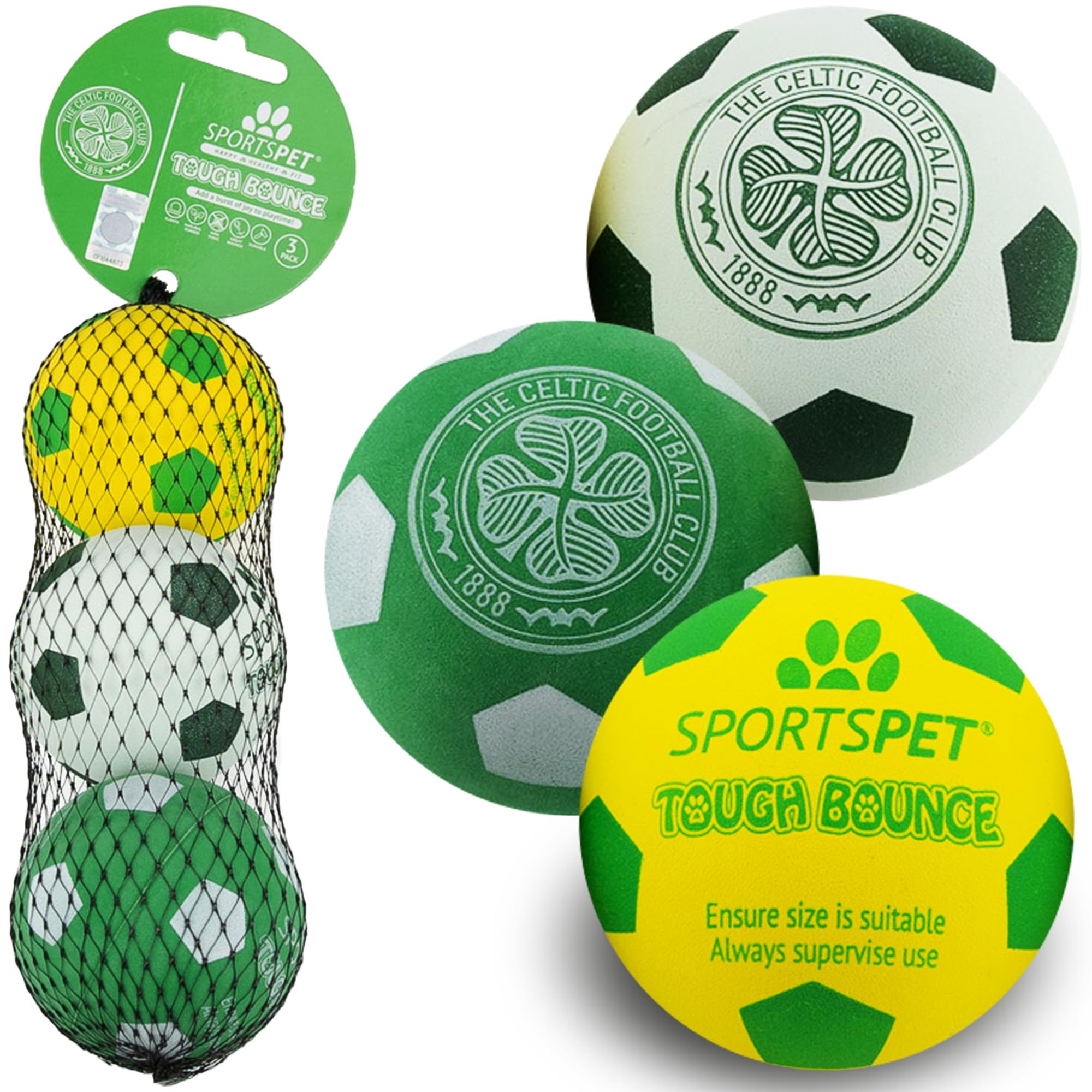 SPORTSPET x Celtic Tough Bounce Dog Balls, Green, White, 65mm