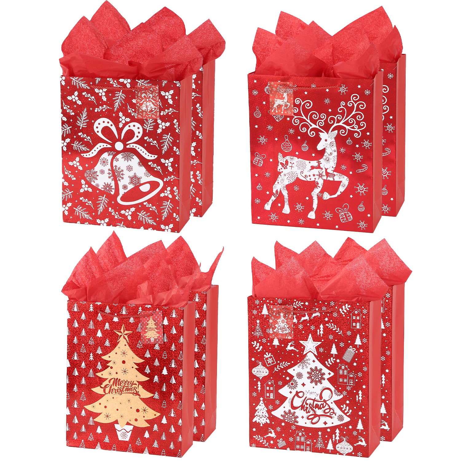 8Pack Red Christmas Gift Bags with Tissue Paper,26 x 32 x 10 cm