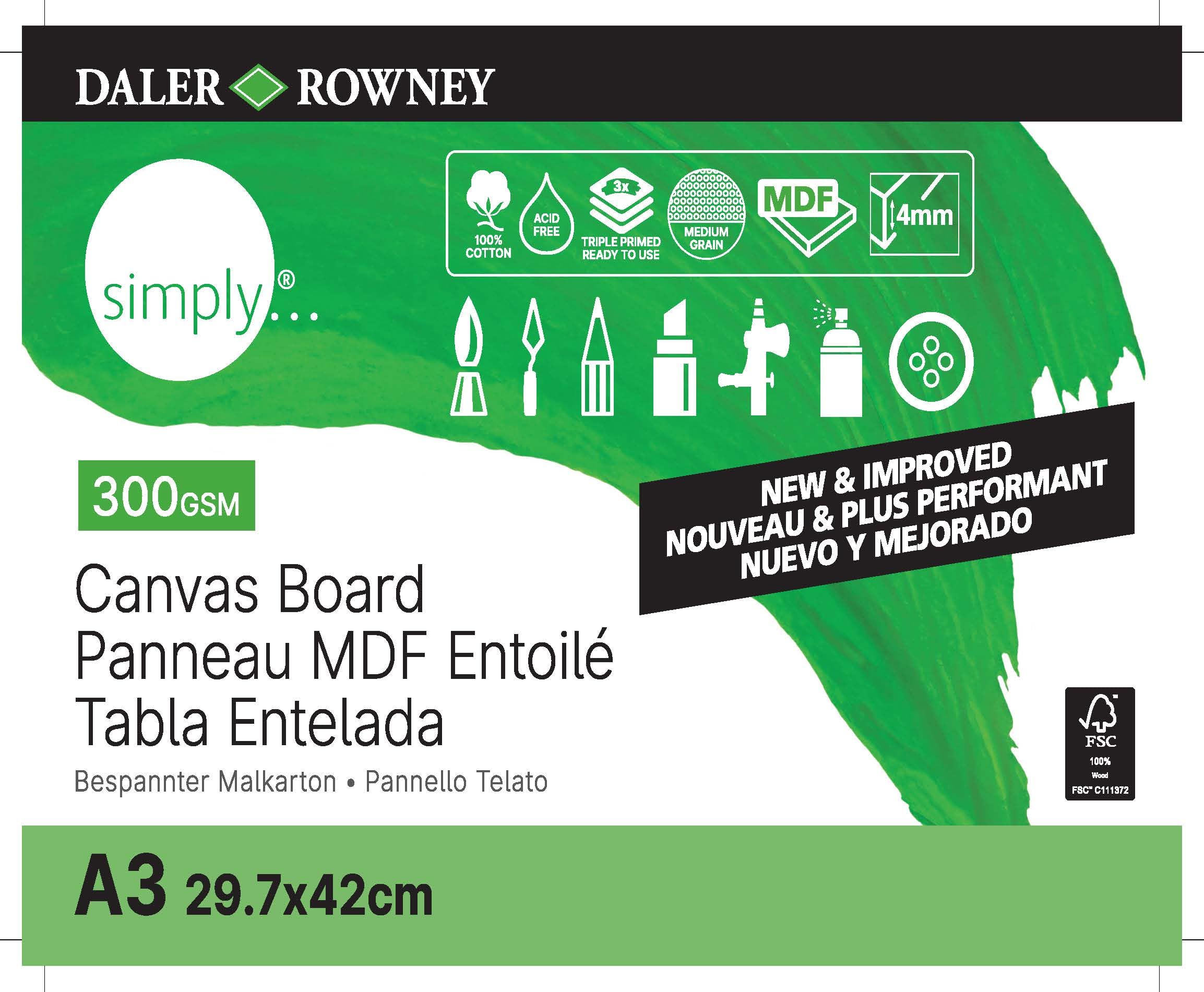 Daler-Rowney Simply Canvas Panel, Medium Grain, 250 gsm, Panel, 11.7 x 16.5in - 29.7 x 42 cm, White