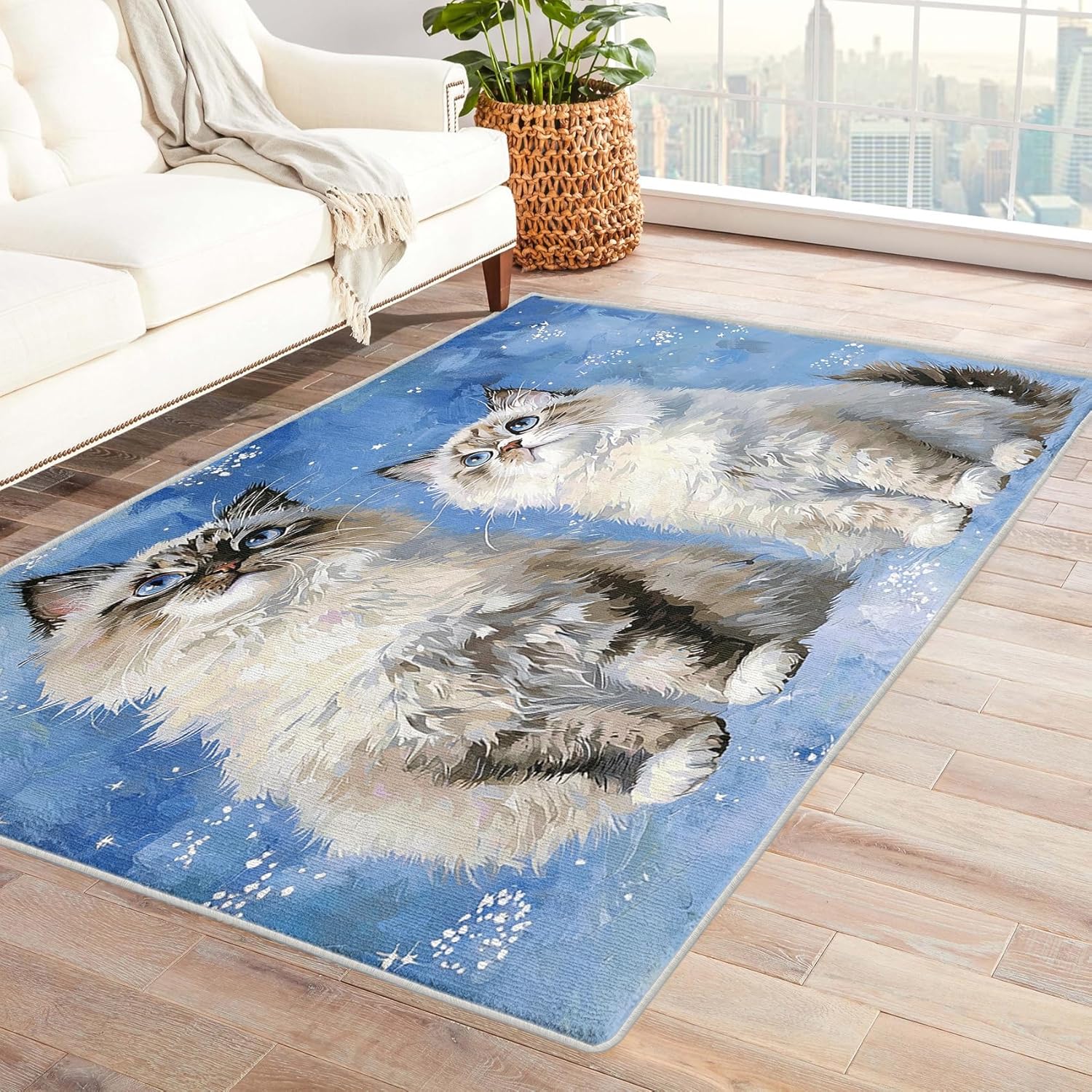 Cute Kitten Rug 2x3 Throw - Kawaii Cat Rugs for Entryway, Bedroom, Home Decor - Floral Area Rug - Garden Flower Indoor Door Mat - Washable & Non Slip