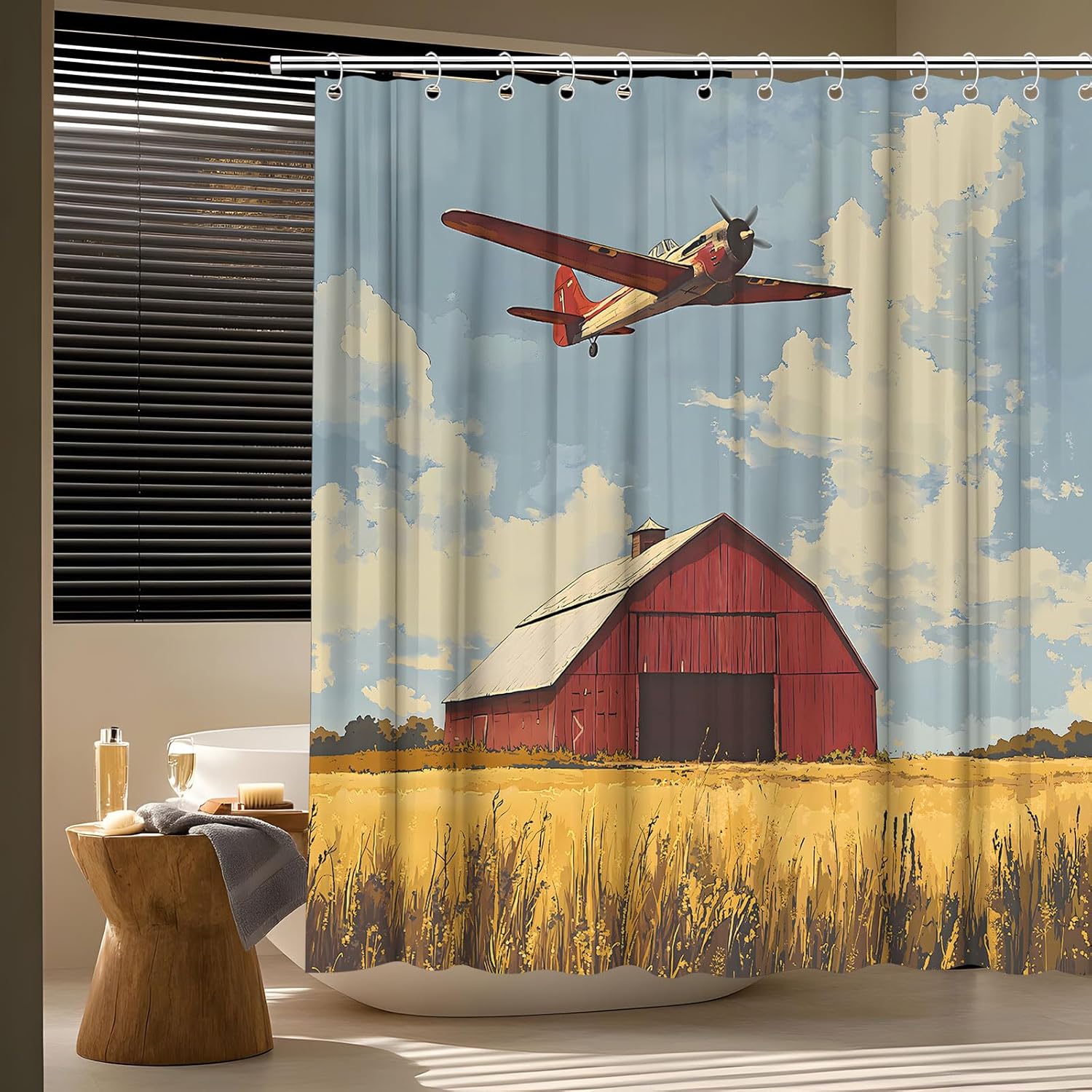 Vintage Rustic Barn Shower Curtain Country Retro Airplane Abstract Classic Aircraft Farmhouse Western Watercolor Nature Scenery Bath Curtain Fabric Bathroom Accessories Decor with Hooks 70W x90L