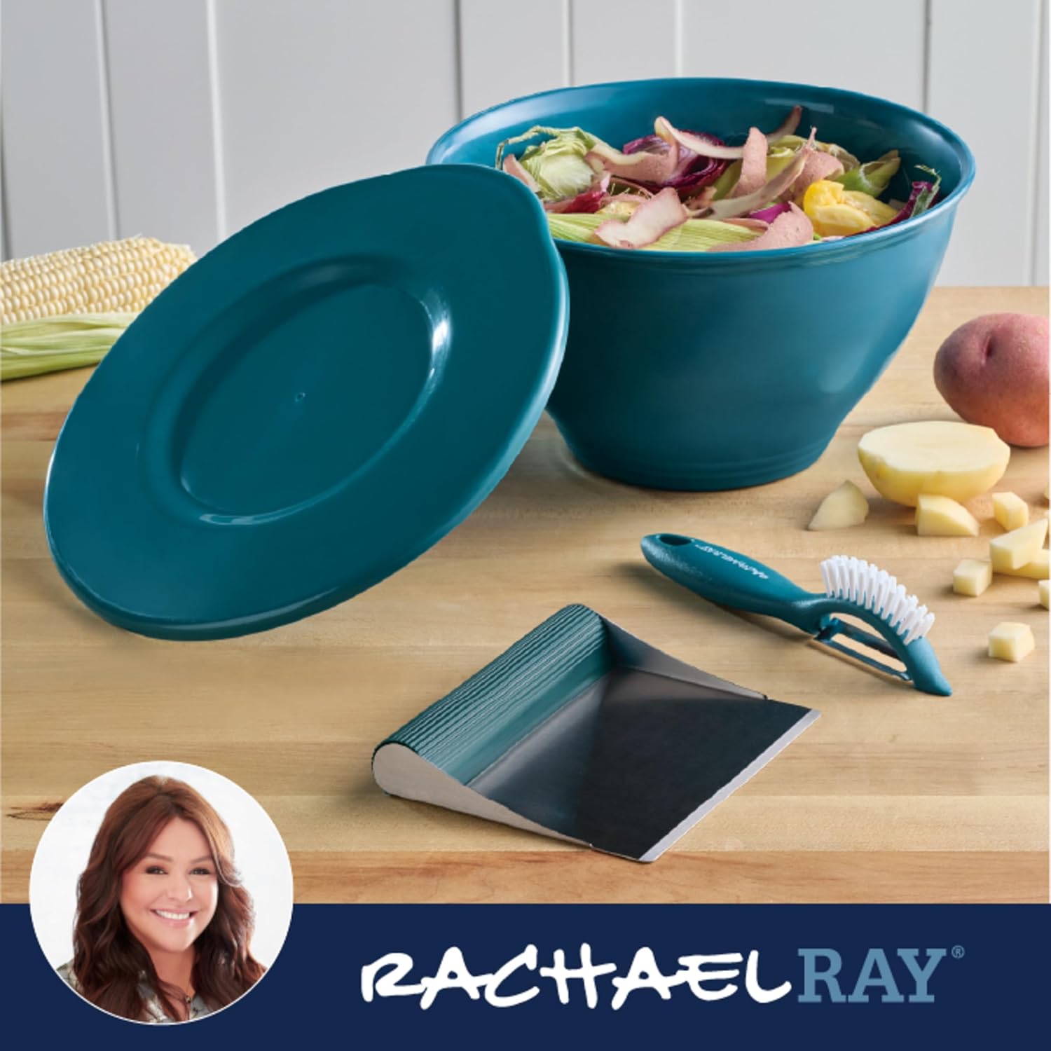 Rachael Ray Tools and Gadgets Kitchen Prep, Garbage Bowl with Lid, Bench Scrape, Veggie Peeler, 4 Piece Food Prep Set - Marine Blue