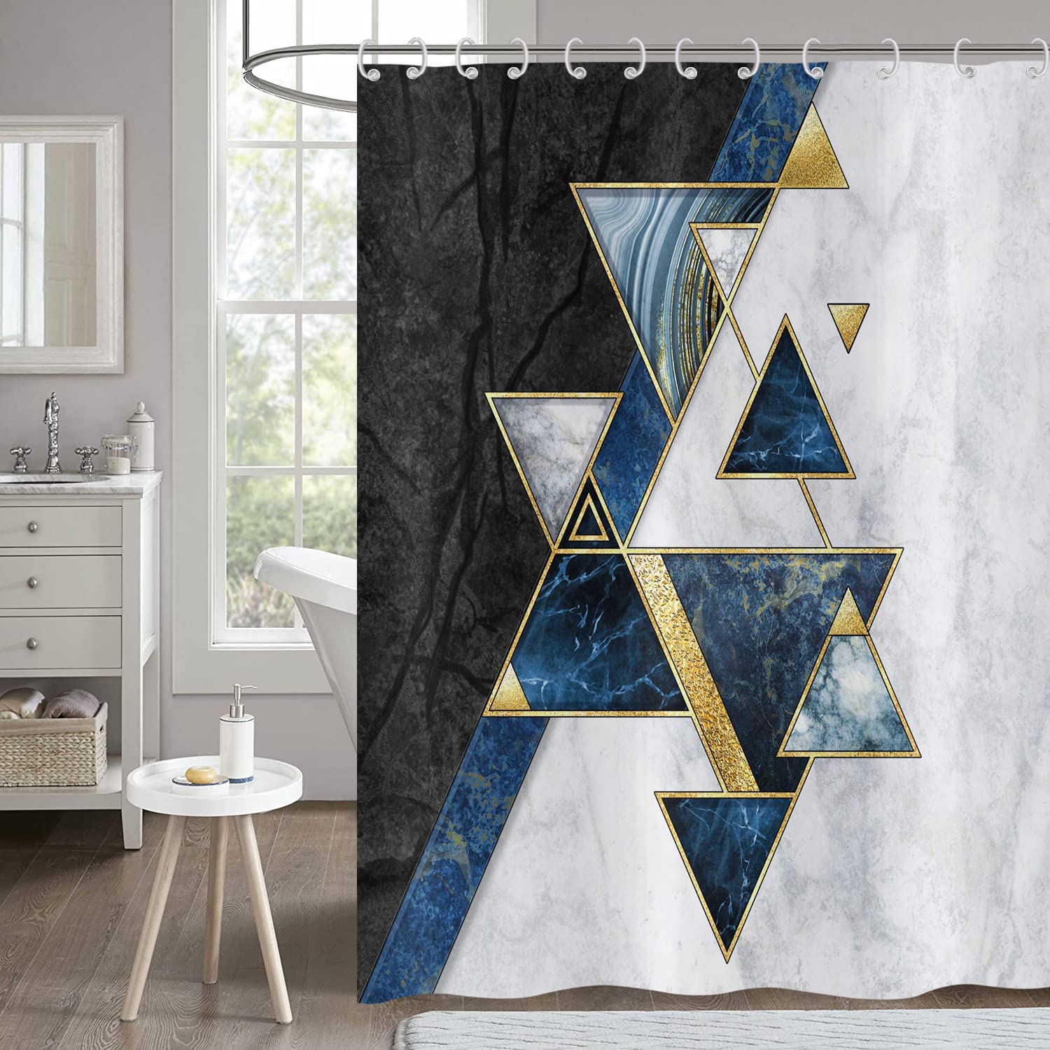Hnmdmyi Marble Shower Curtain 240x180, Abstract Modern Navy Blue Black Gold Luxury Art Geometric Texture Bathroom Curtains with Hooks Waterproof Polyester Fabric Washable Bath Curtains for Wet Room