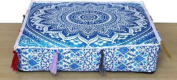 CRAFT KALA Square Indian Living Home Pouf Cover Cotton Cushion Cover Footstool Chair Cover Decor Floor Pillow Cover Ottoman Mandala Room Poufs Decorative Seating 20X20X5 inches, Blue Ombre