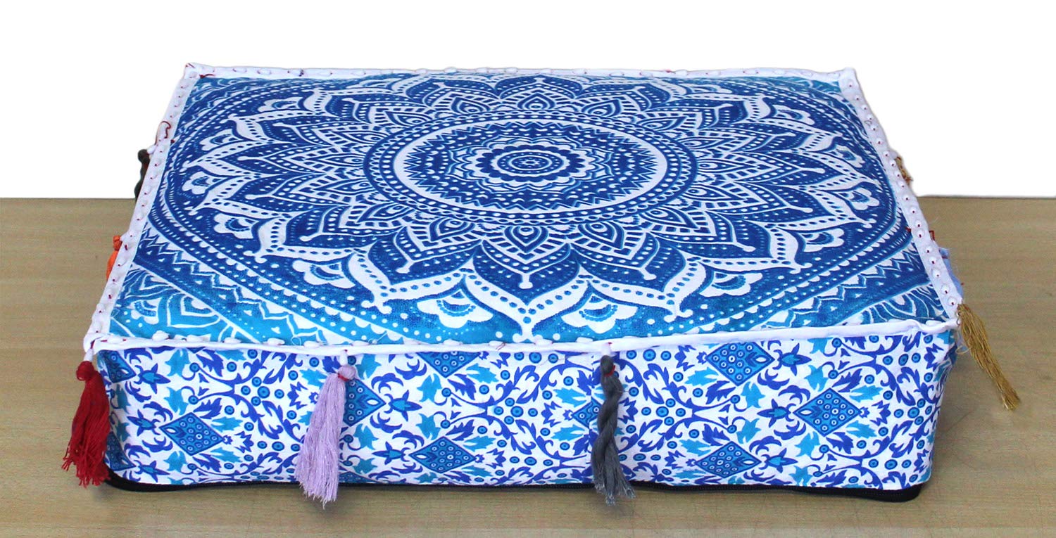 INDIAN CRAFT CASTLE ICC Large Square Cotton Mandala Cushion Cover Hippie Ottoman Pouf Cover Daybed Floor Pillow Cover with Heavy Duty Zipper Seating Ottoman Poufs Dog-Pets Bed 18" Square (Blue Ombre)