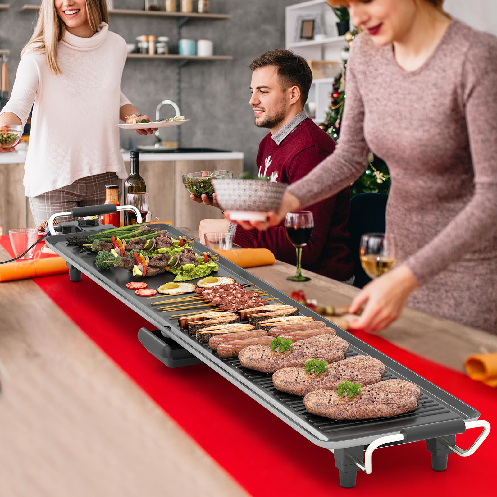 RELAX4LIFE Tischgrill elektrisch, 100 x 22 cm extra lange Teppanyaki-/Plancha-Grillplatte, Elektrogrill mit Antihaftbeschichtung & 4-stufige Temperaturregelung, 1800W, für BBQ, Familienessen, Partys