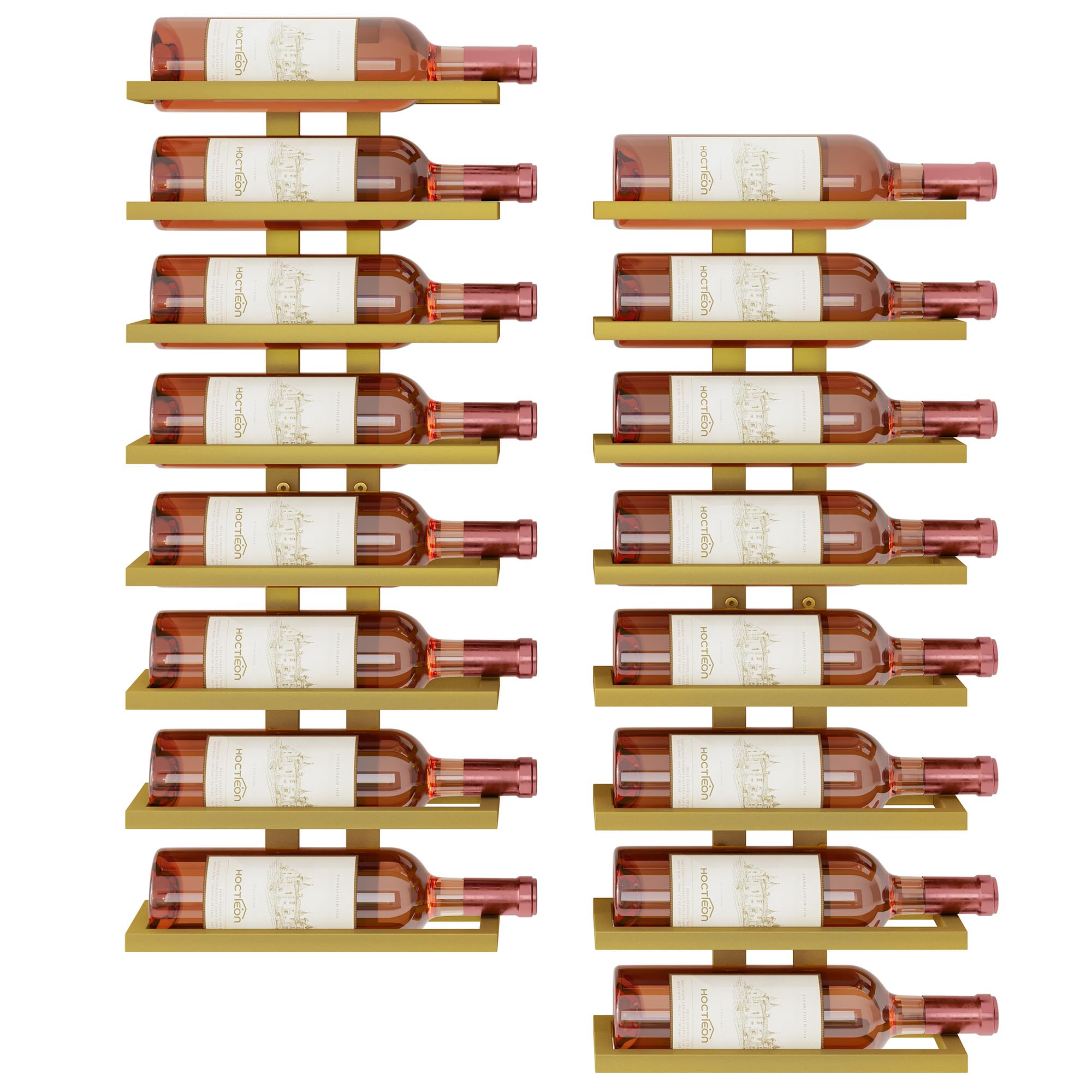 Hoctieon 2-Set 8 Tier Wall Mount Wine Rack (16 Tiers), Wall Racks for Wine Bottles Display and Storage, Hanging Bottle Organizer for Living Room, Kitchen, Wine Cellar, Bar, Gold