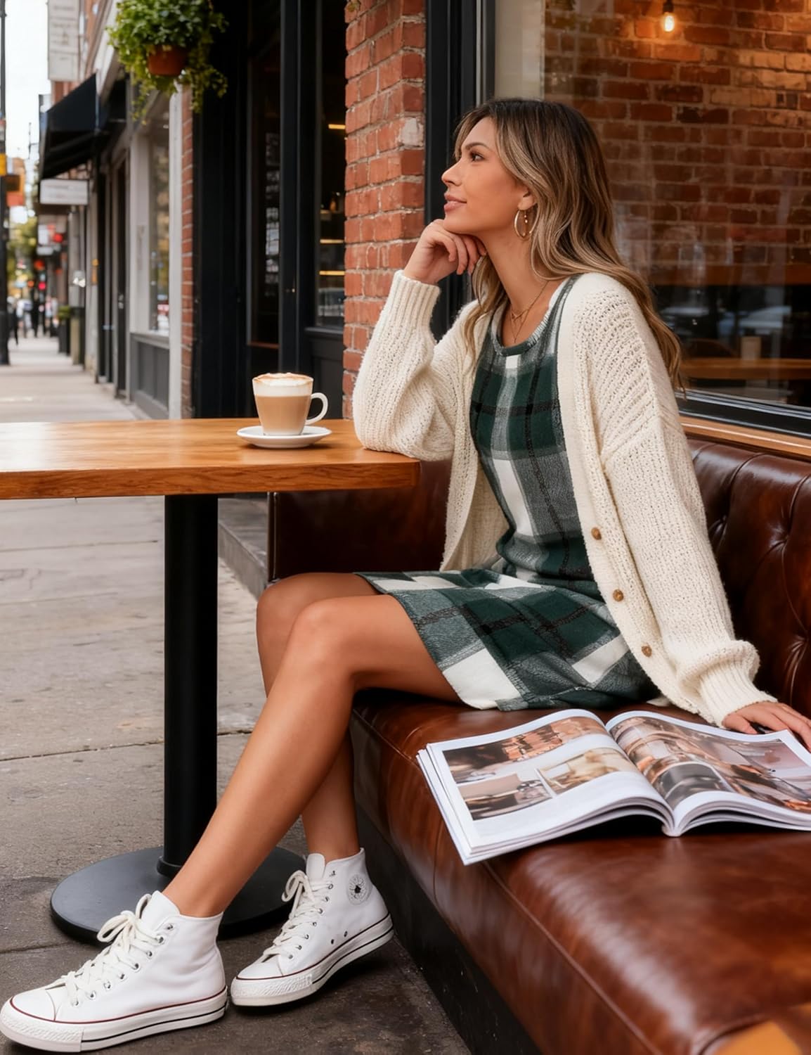 Hooever Plaid Overall Dress for Women Round Neck A Line Skirtall Jumper Mini Dress Pinafore with Pockets - Image 4