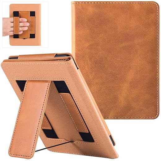 BOZHUORUI Stand Case for Older Kindle Paperwhite 5th/6th/7th/10th Generation (2012-2018 Release) - Premium PU Leather Sleeve Cover with Two Hand Straps and Auto Sleep/Wake (Brown)