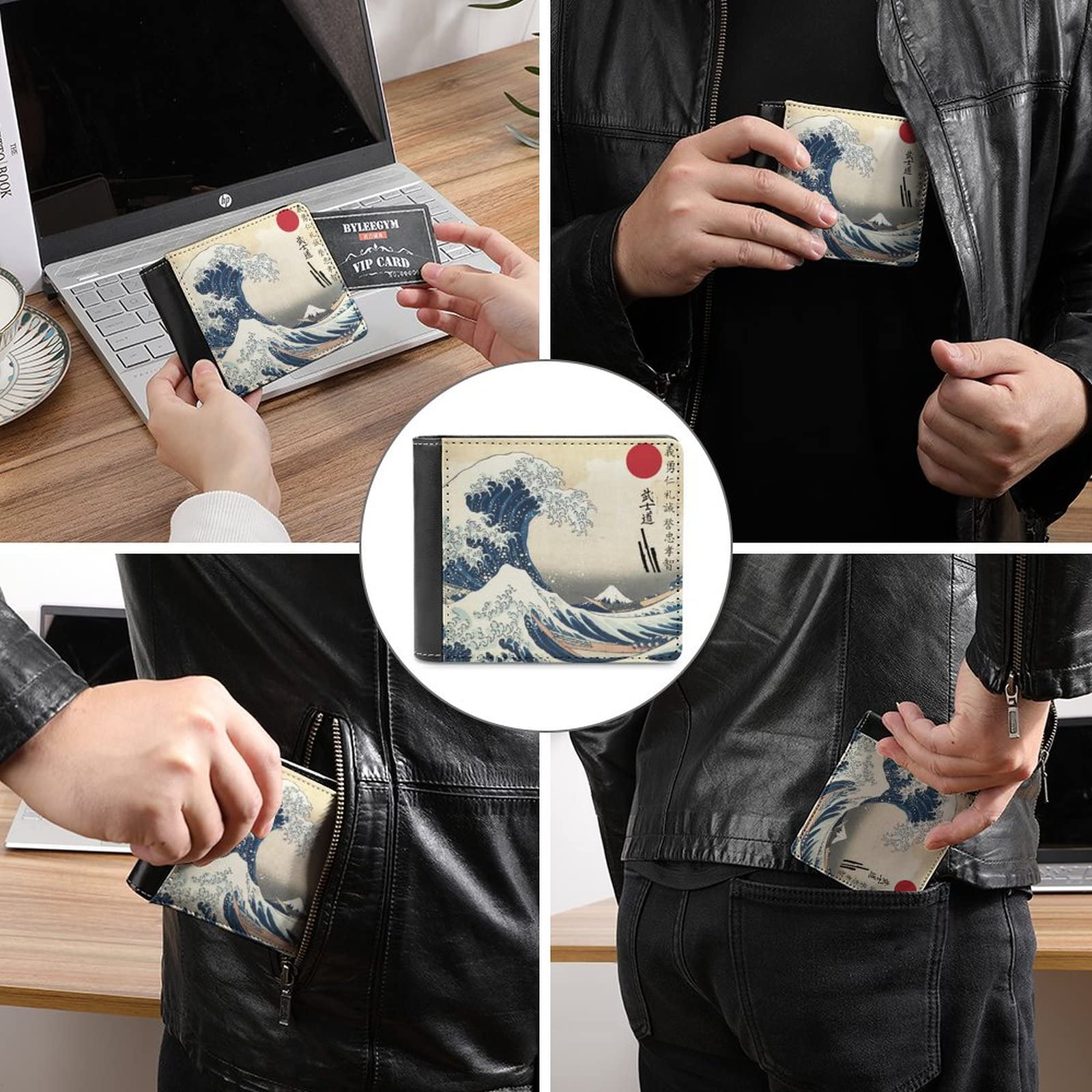 Amazon.co.jp: 財布 二つ折り財布 浮世絵 神奈川沖浪裏 レザー財布