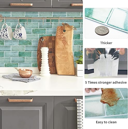 Miniatura 3 de Artemuro 10 hojas de azulejos de metro verde azulado para despegar y pegar, azulejos autoadhesivos 3D para cocina, baño, azulejos de mosaico