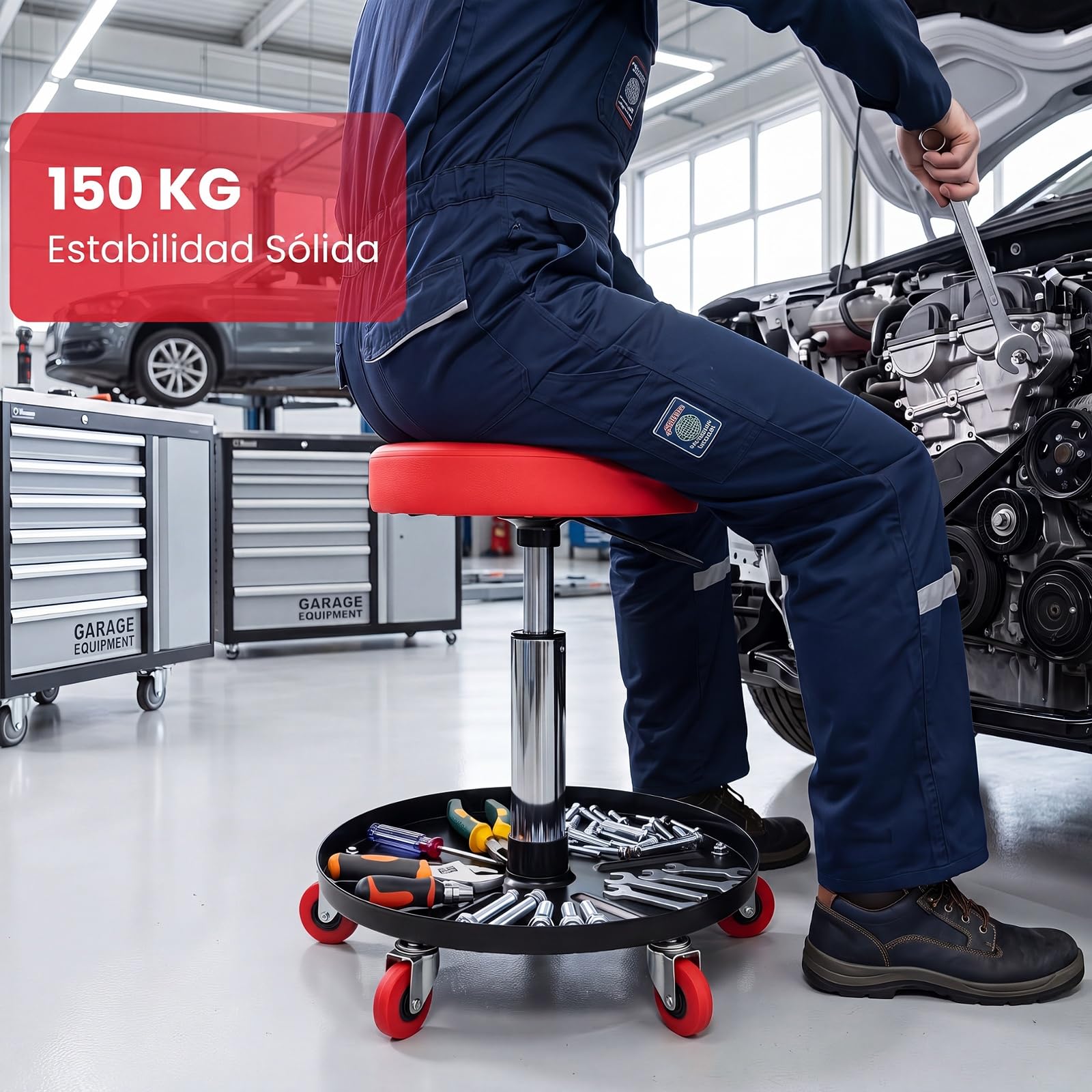 COSTWAY Taburete de Taller con 5 Ruedas, Taburete Mecánico Acolchado | con Altura Ajustable 45,5-60 cm, Bandeja para Herramientas, Asiento Giratorio para Garaje, Reparación de Automóviles
