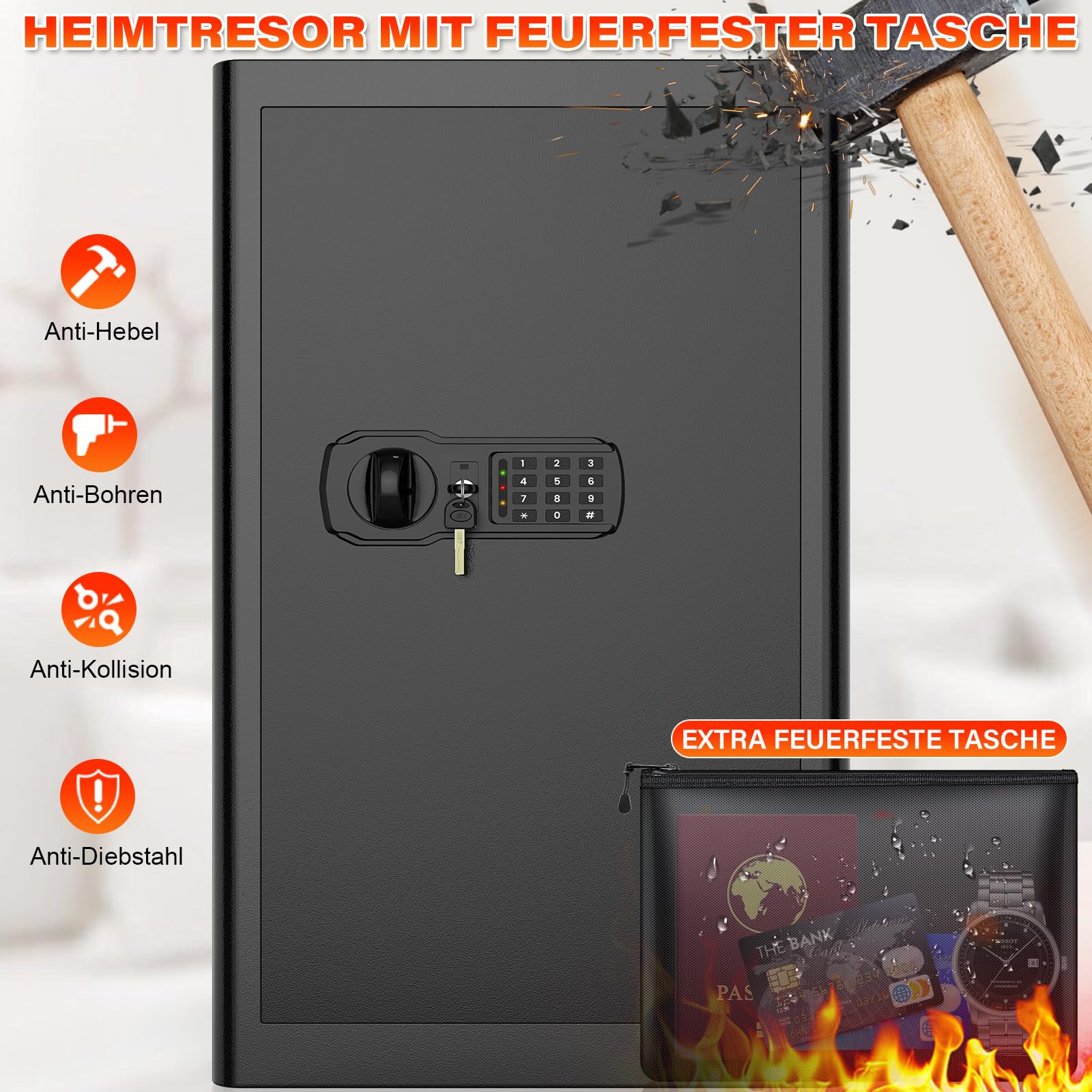 90L Großer Feuerfester Tresor mit Feuerfeste Dokumententasche, Digitaler Heimtresor mit Herausnehmbarem Regal, Möbeltresor Dokumente Gold Schmuck Wertsachen
