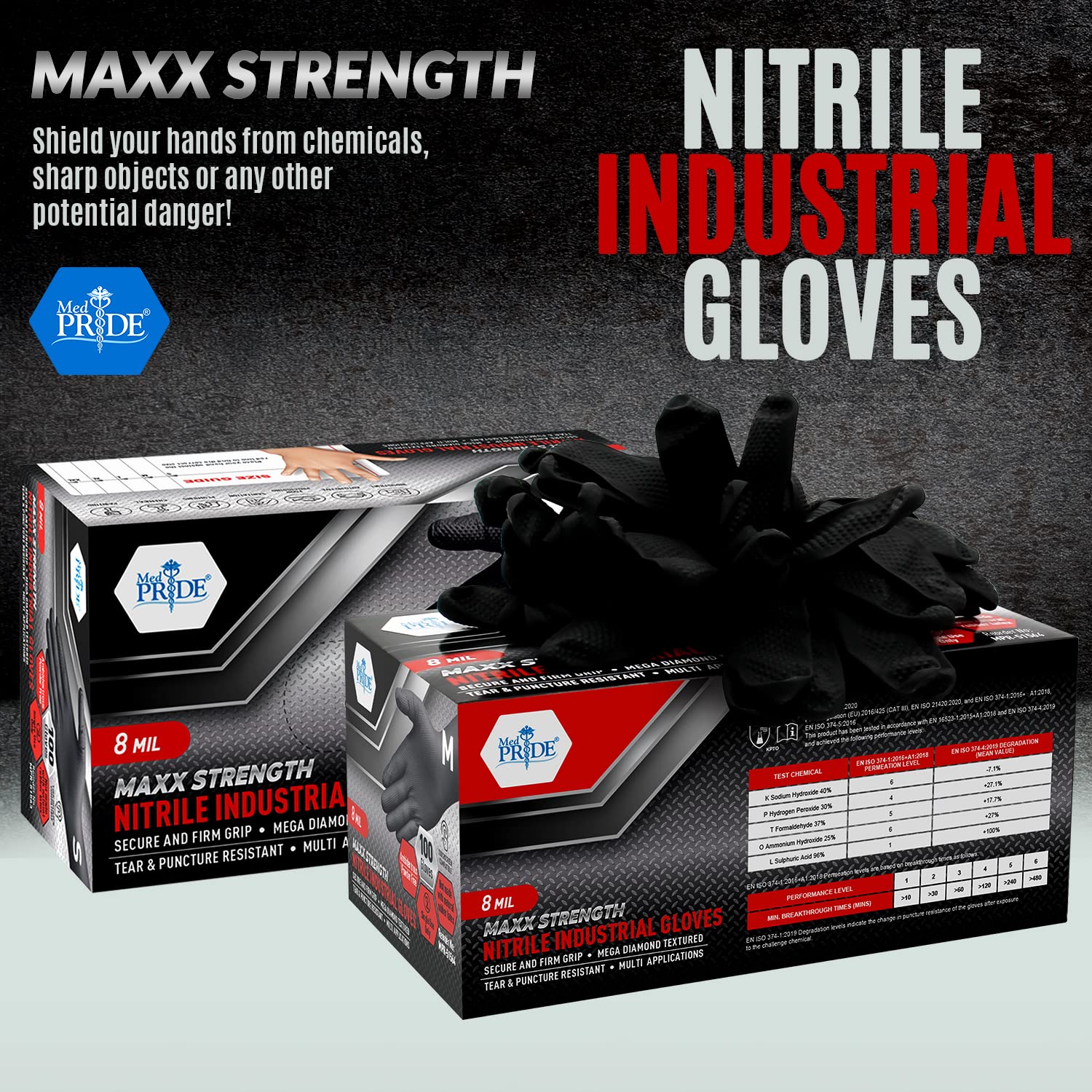 MED PRIDE Maxx Strength Nitrile Industrial Black, 8 Mil Thick - Diamond Texture Disposable Heavy-Duty, Tear-Resistant