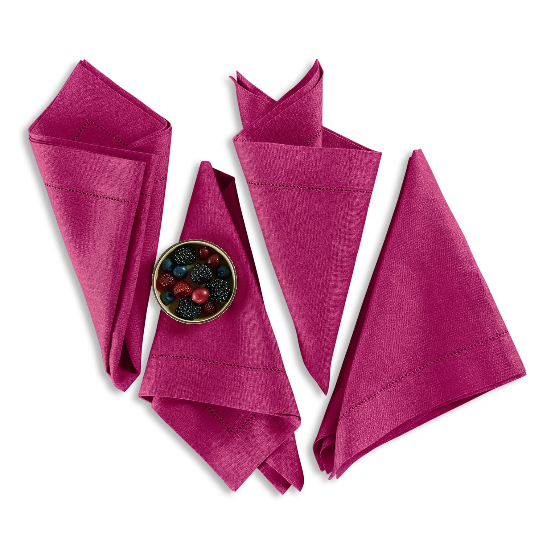 Solino Home Linen Napkins Set of 4 - Medium Weight 100% Pure Linen Hemstitch Festive Fuchsia Dinner Napkins Cloth 20 x 20 Inch - Handcrafted and Machine Washable