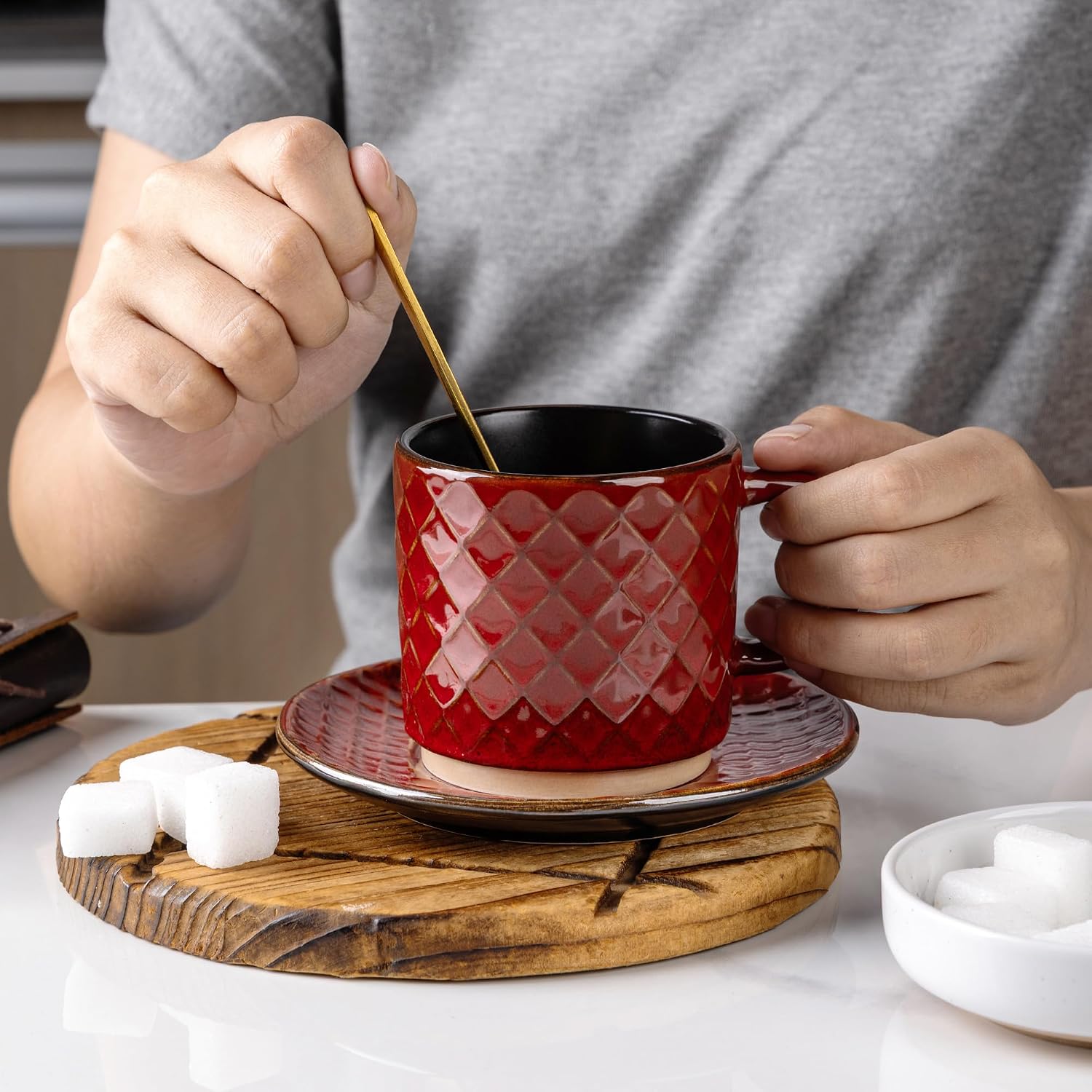 GBhome 6 OZ Stackable Coffee Mugs, Ceramic Coffee Mugs with Texture Patterns for Man,Woman,Dad,Mom, Modern Coffee Cups Set of 4 for Espresso/Cappuccino/Cocoa. Dishwasher&Microwave Safe,Red image 5