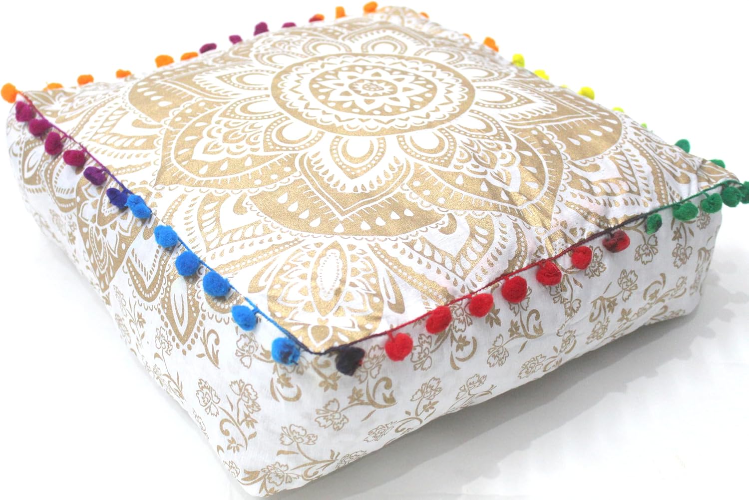 INDIAN CRAFT CASTLE Mandala Mandala Barmeri Large Floor Pillow Cover Cushion Meditation Seating Ottoman Throw Cover Hippie Decorative Zipped Bohemian Pouf Ottoman Cases (Golden, 16" Square)