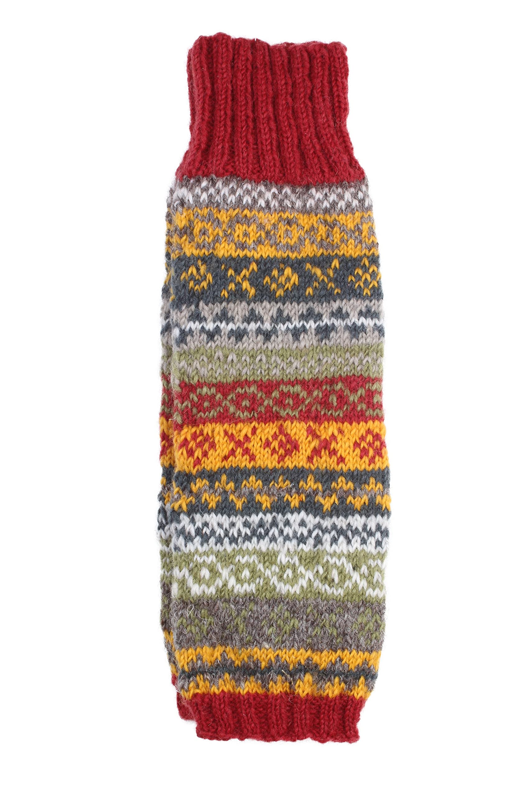 Pachamama Women's Rust Red, Grey, White, Green, Yellow 100% Wool Legwarmer Handknitted Fair Isle Pattern Rust Multicoloured Regular Fit Handmade Extra Warm