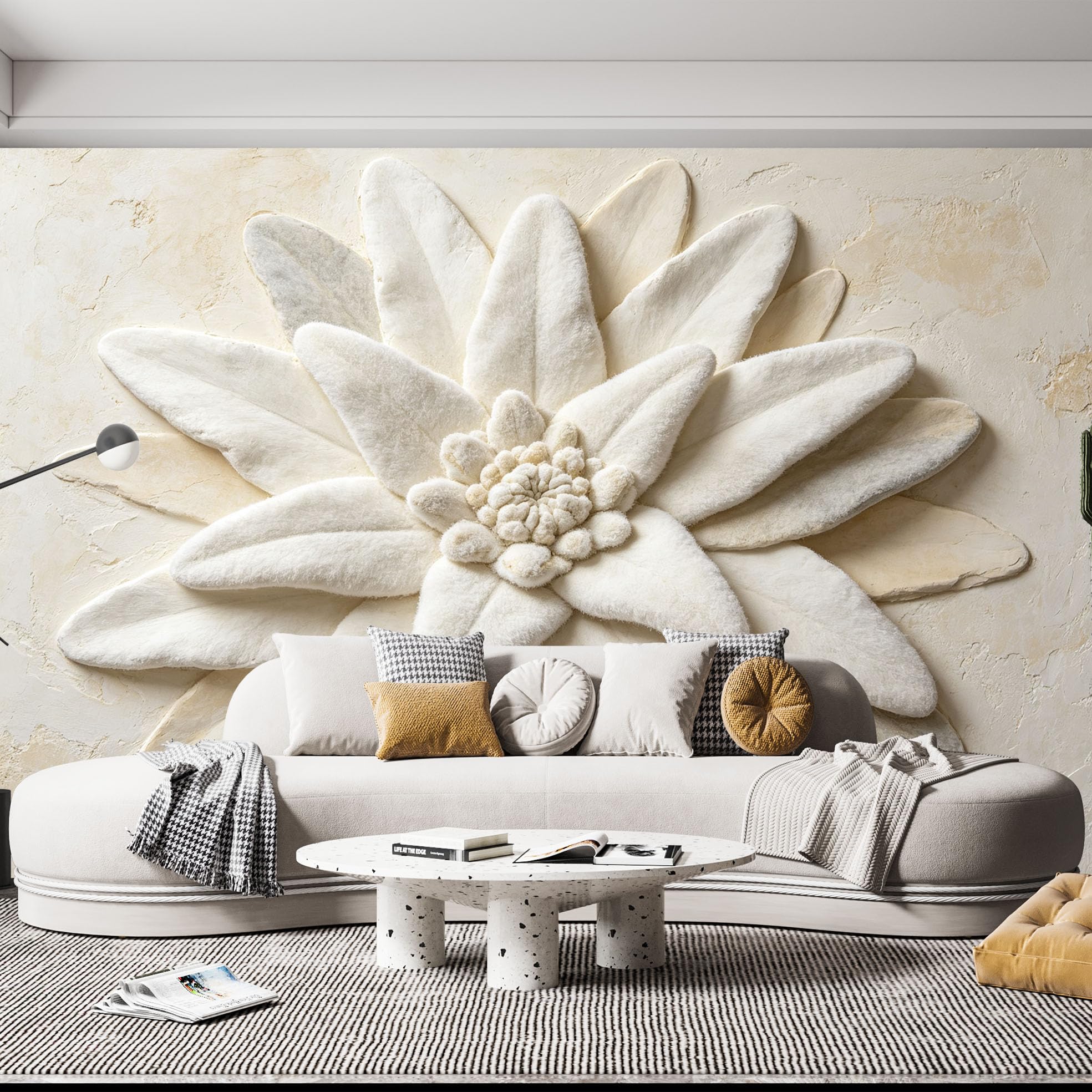 Ponadwymiarowy efekt 3D kwiat fototapeta nowoczesna elegancka warstwowa tapeta z włókniny 200 x 140 cm kremowa biel rzeźbiarski botaniczny kwiat pokrycie ścienne do sypialni salonu dekoracja ścian