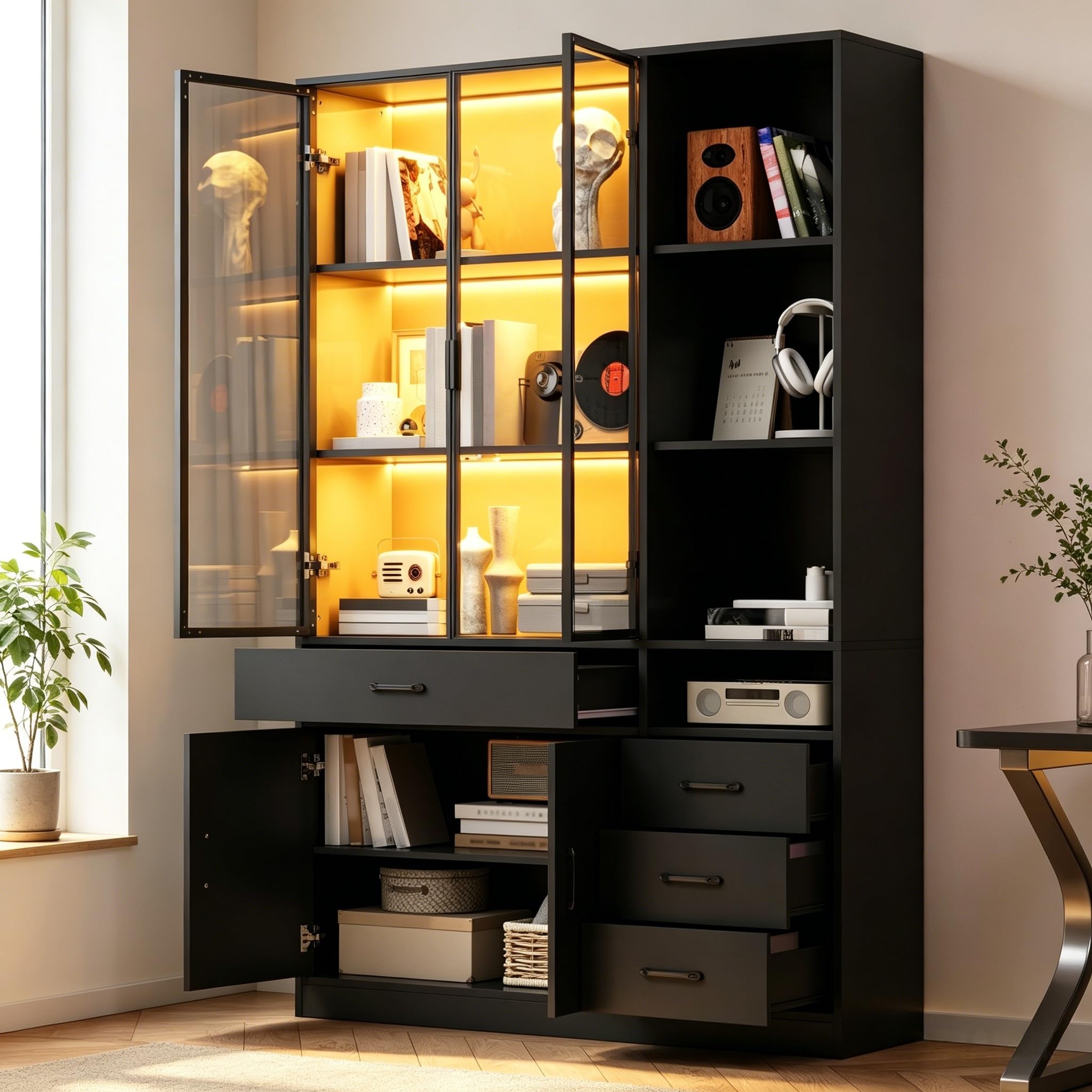 Kebnor Hochschrank mit Glasvitrine&LED,Bücherschrank mit13 Stauraumbereichen,4 Schubladen&Türen Vitrinen, Aufbewahrungsschränke,Schränke,Geeignet für Esszimmer und Wohnzimmer(120x35x200cm（Schwarz）)
