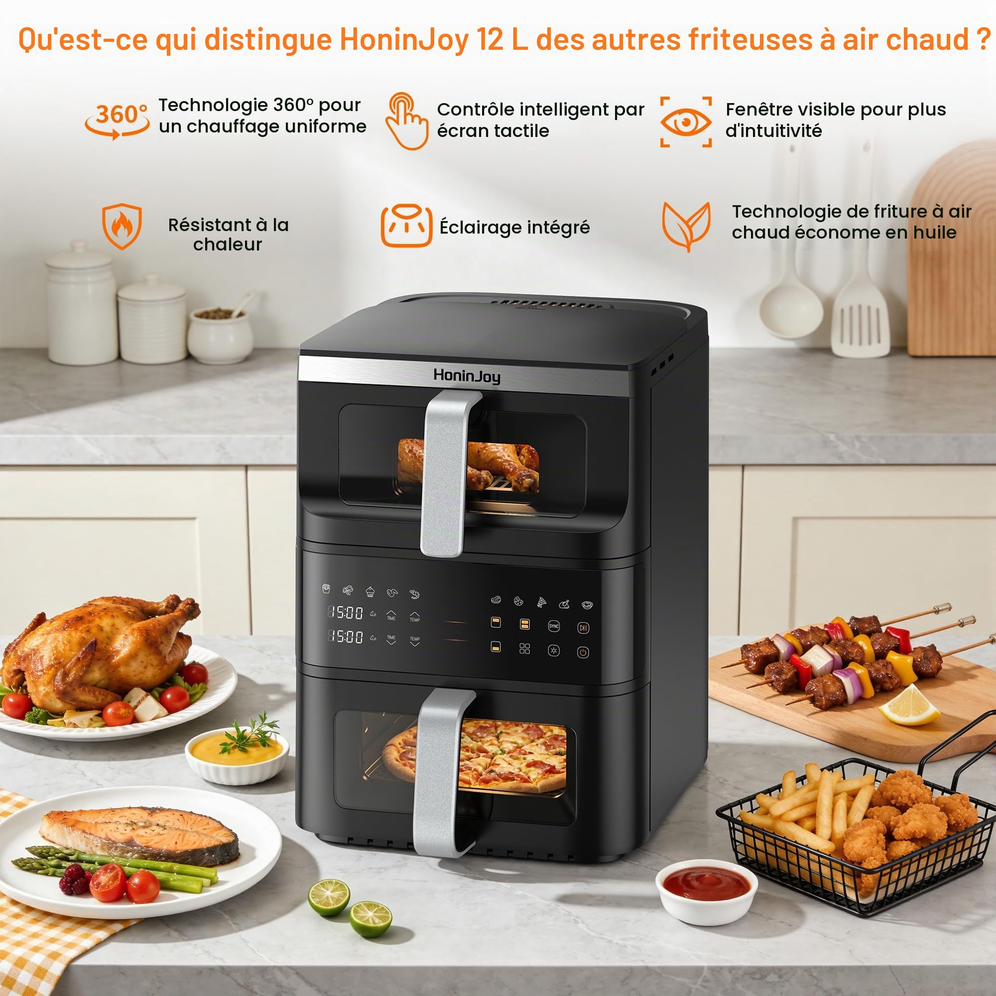 12L Air Fryer, Grand Double Compartiment Friteuse à Air Verticale Chaud Fenetre Visible 2 Tiroirs Écran tactile numérique 10-en-1Synchronisation Antiadhésif Lavable au Lave-vaisselle