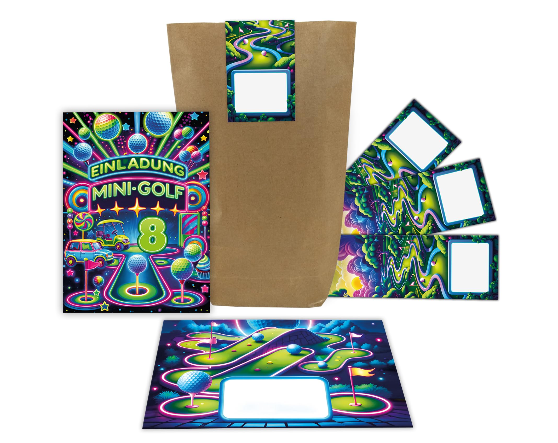 JuNa-Experten 12 Einladungskarten zum 8. Kindergeburtstag Jungen Mädchen Minigolf Mini-Golf coole bunte Einladungen achte Geburtstag incl. 12 Umschläge, 12 Partytüten/natur, 12 Aufkleber