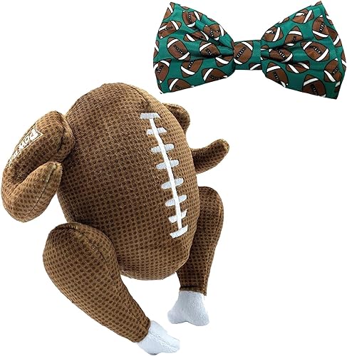 Huxley & Kent Paquete para perros  Cuenco pequeño de pavo y pajarita de fútbol pequeño  Juguete de peluche para perro y collar de gancho y bucle