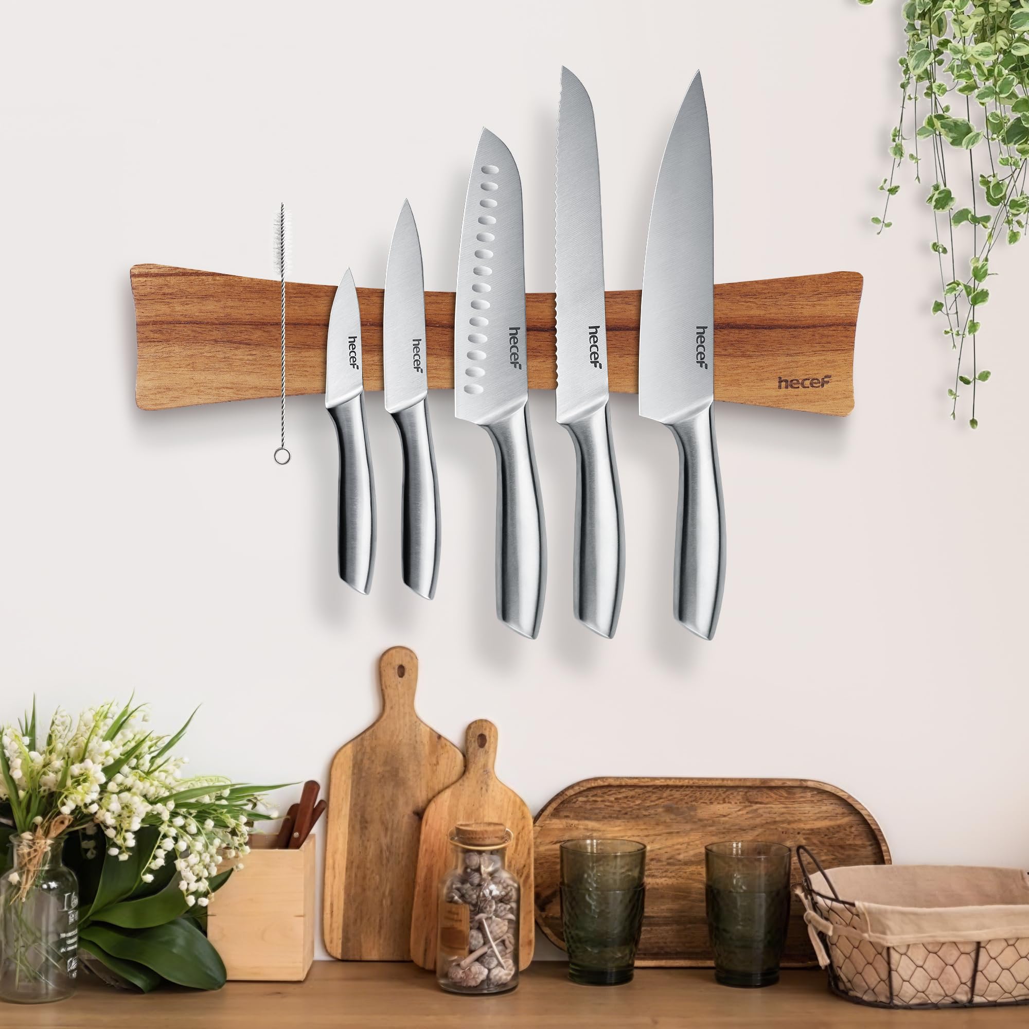 hecef Barre Magnétique pour Couteaux et Ustensile – Support Porte Couteaux Aimanté en Bois Stable, Aimant Couteau Mural – Ailes de Papillon Design (40,6 * 8cm)