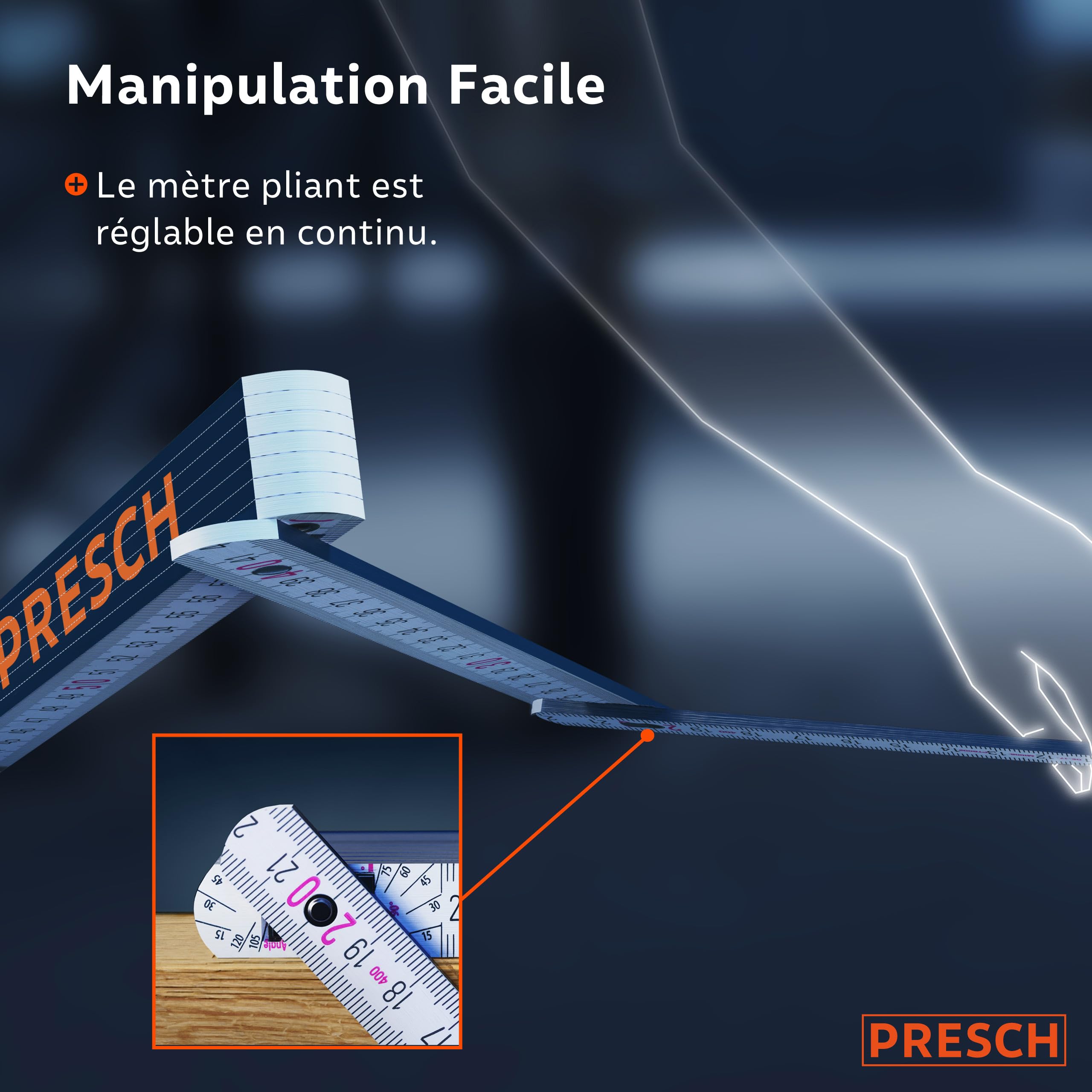 PRESCH Set de Mètres pliants 2m avec échelle d'angle | 6 pièces | Bois | Orange/Bleu | Pliable | Nombres grands et très lisibles | Encliquetage précis | Mètre en bois, Mètre rigide, Mètre à branche