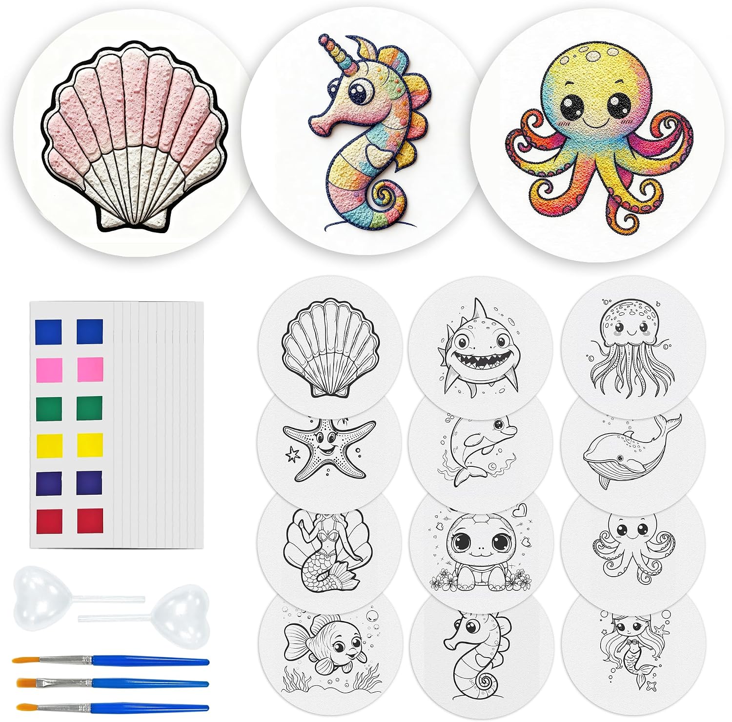 Reofrey 24Pcs Magic Puffy Paint Kits - 12 Patterns 3D Foam Texture Painting Kit with 3 Painting Pens, 2 Droppers, 12 Acrylic Paint Cards, Drawing Magic Canvas Sponge - DIY Handmade Gift (Ocean)